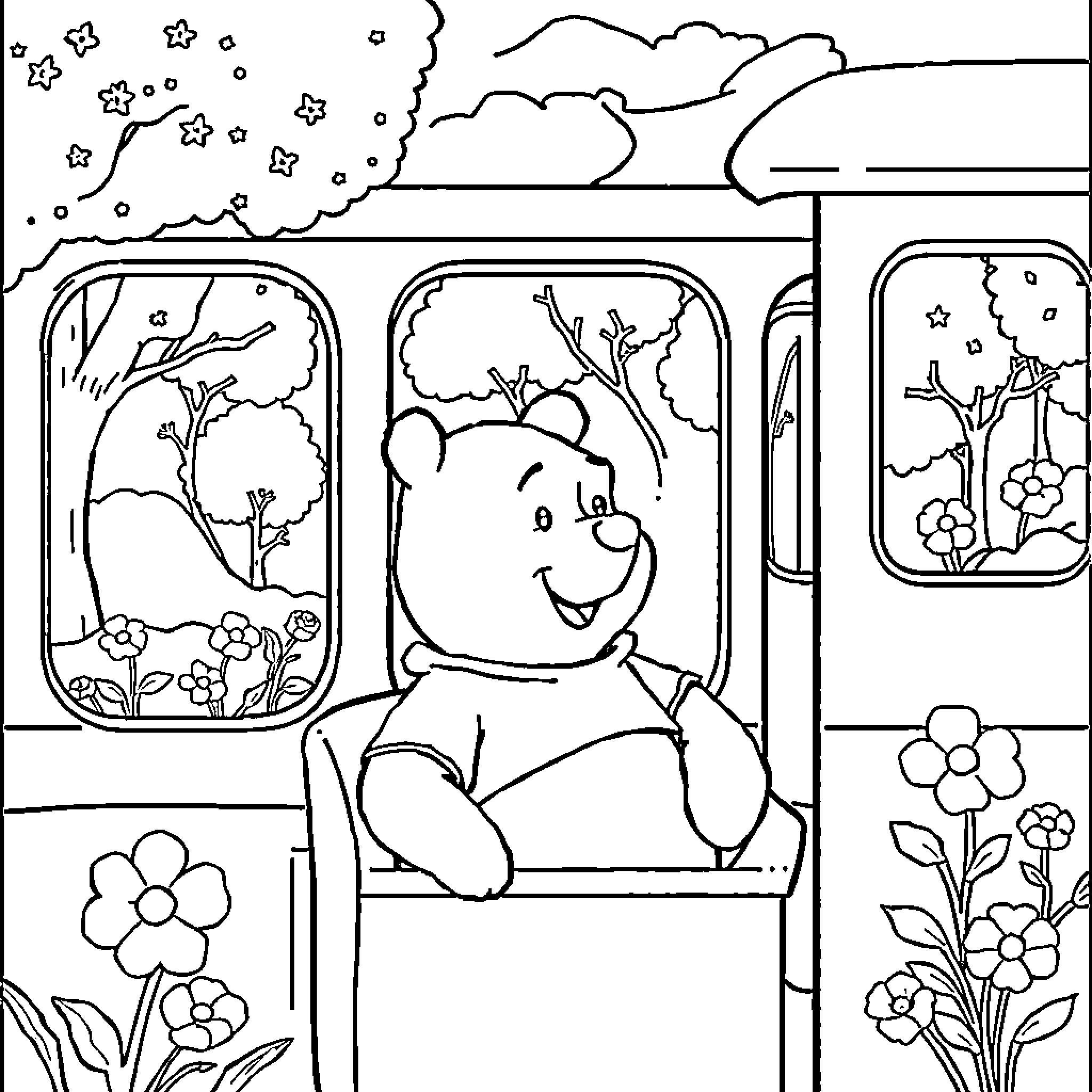 Winnie The Pooh enjoying the outdoors in his cozy home Coloring Page (free black-and-white line drawing printable PDF for all, from beginners to advanced learners, including children, teens, adults, and seniors)