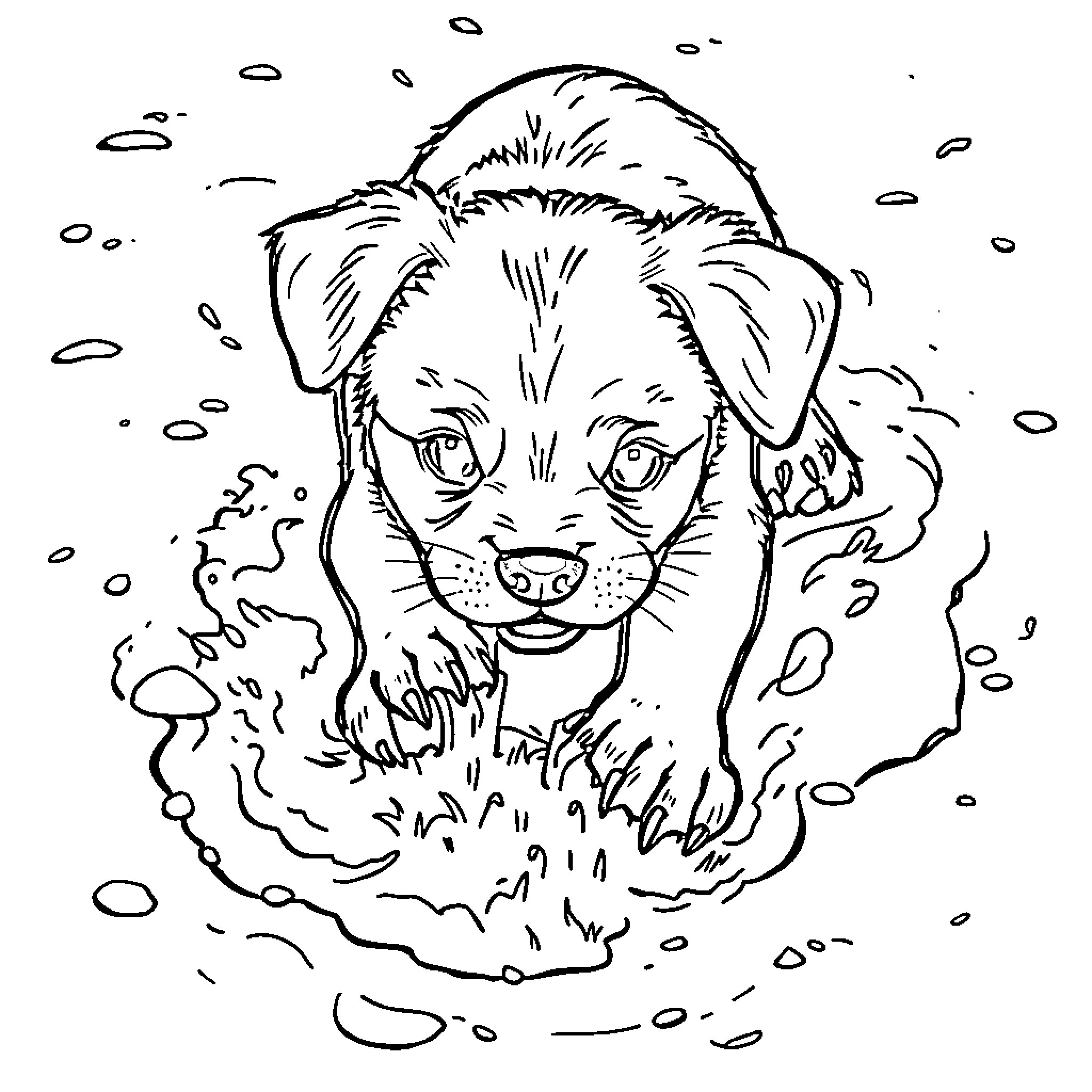 Dog frolicking in the snow Coloring Page (free black-and-white line drawing printable PDF for all, from beginners to advanced learners, including children, teens, adults, and seniors)