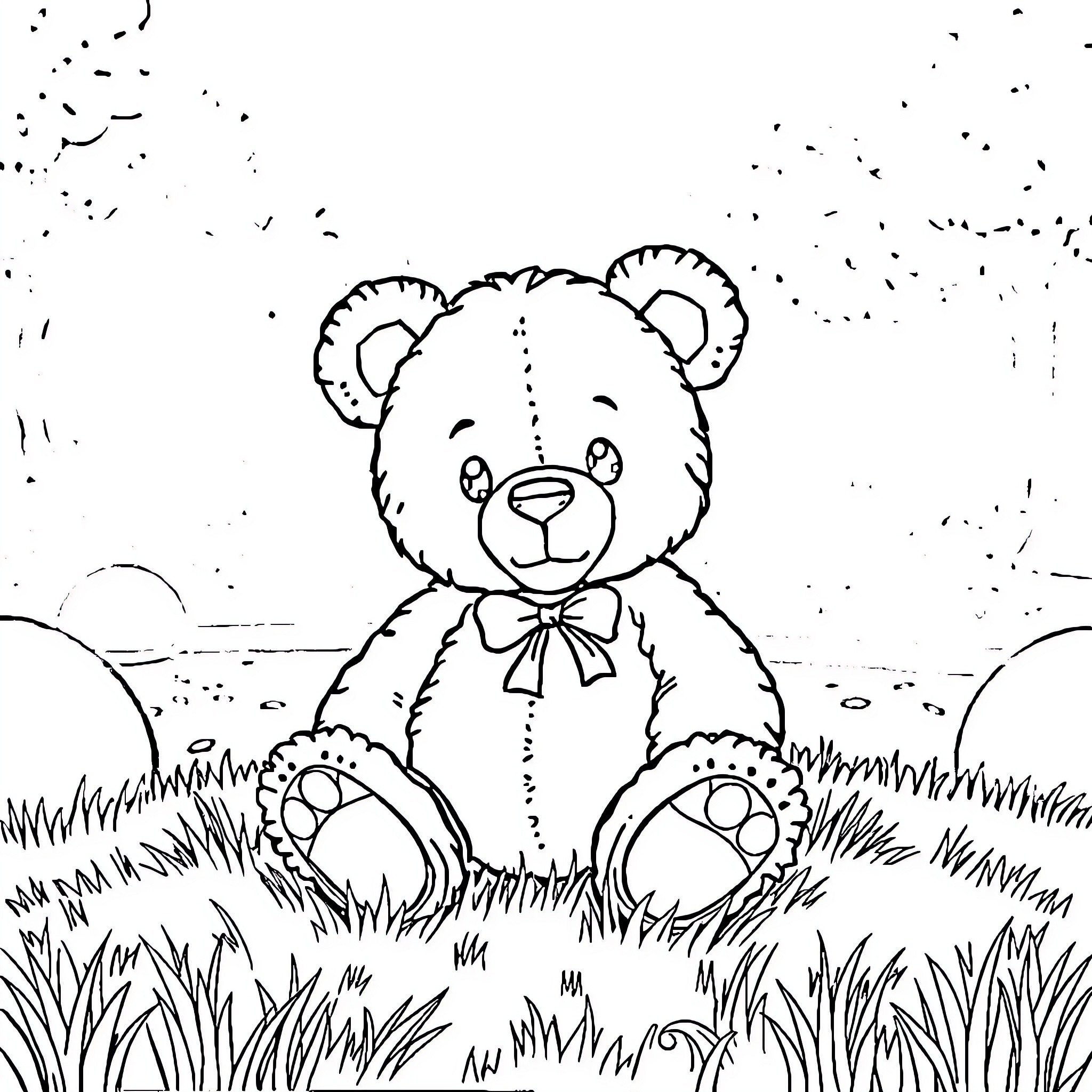 Teddy Bear sitting peacefully in the meadow Coloring Page (free black-and-white line drawing printable PDF for all, from beginners to advanced learners, including children, teens, adults, and seniors)