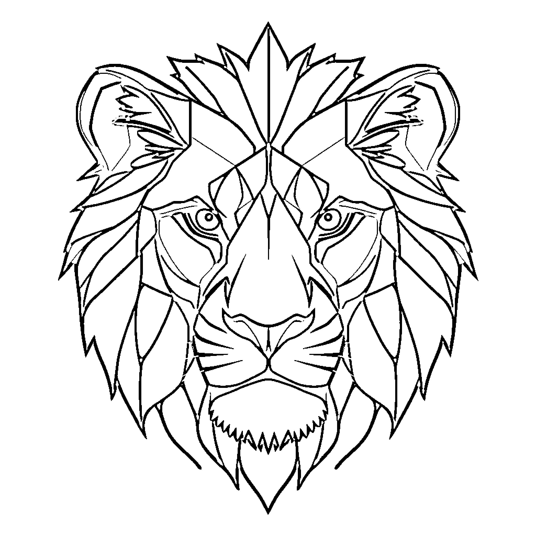 Lion with Geometric Facial Features Coloring Page (free black-and-white line drawing printable PDF for all, from beginners to advanced learners, including children, teens, adults, and seniors)