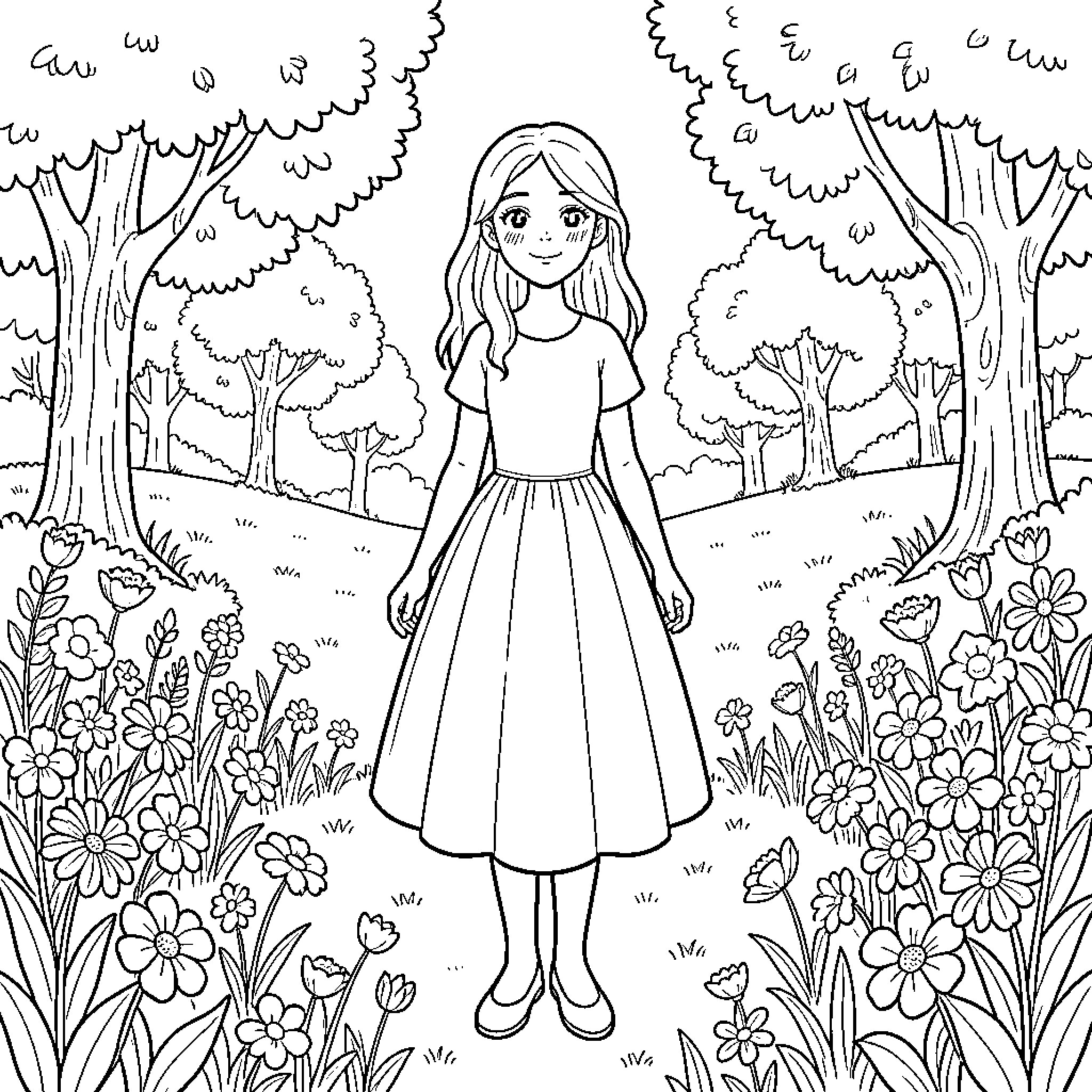 Eva in a Floral Garden Coloring Page (free black-and-white line drawing printable PDF for all, from beginners to advanced learners, including children, teens, adults, and seniors)