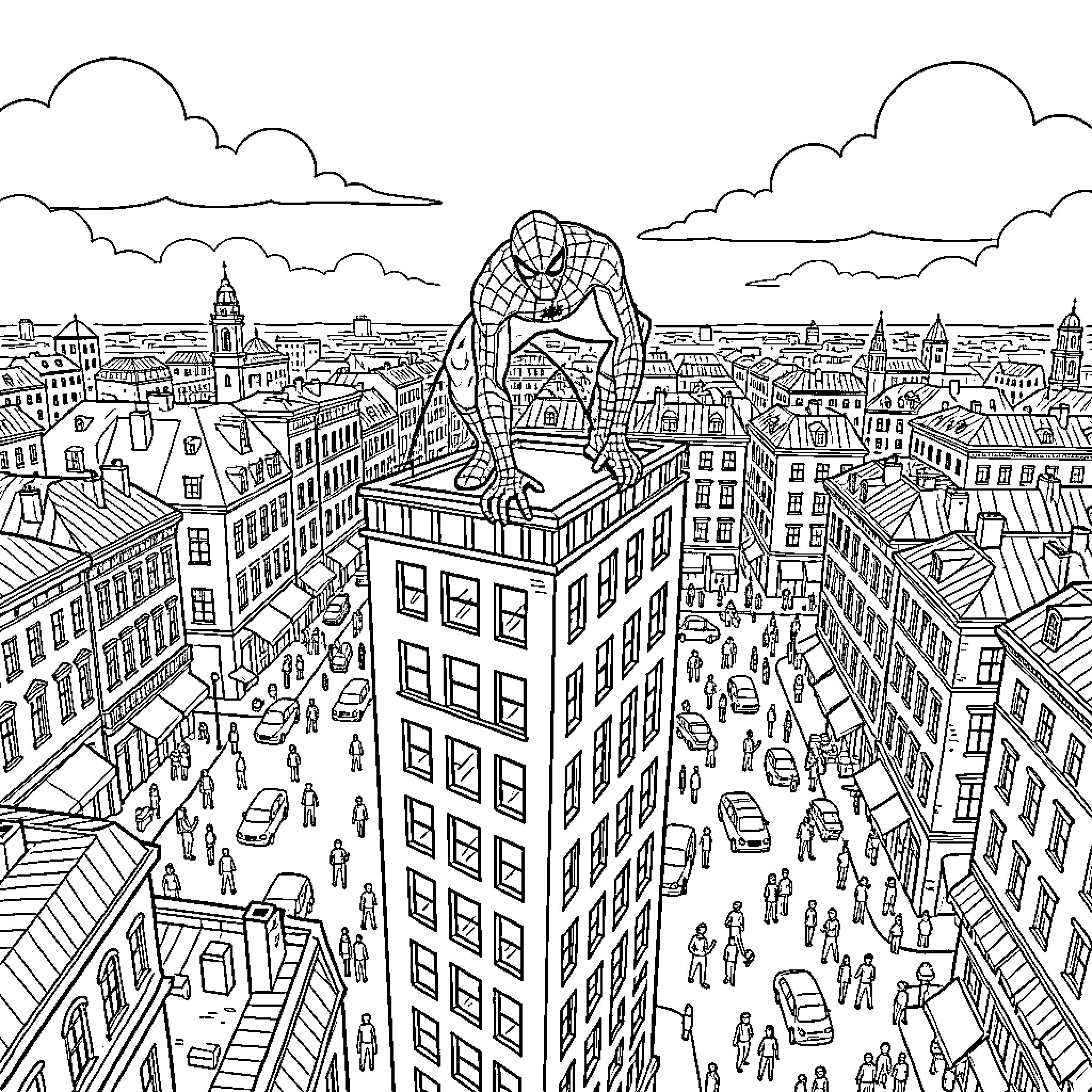 Spiderman crouching on top of a tall building Coloring Page (free black-and-white line drawing printable PDF for all, from beginners to advanced learners, including children, teens, adults, and seniors)