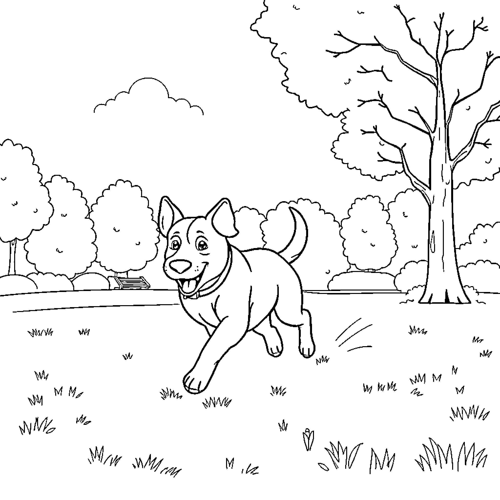 Dog running happily in the forest Coloring Page (free black-and-white line drawing printable PDF for all, from beginners to advanced learners, including children, teens, adults, and seniors)