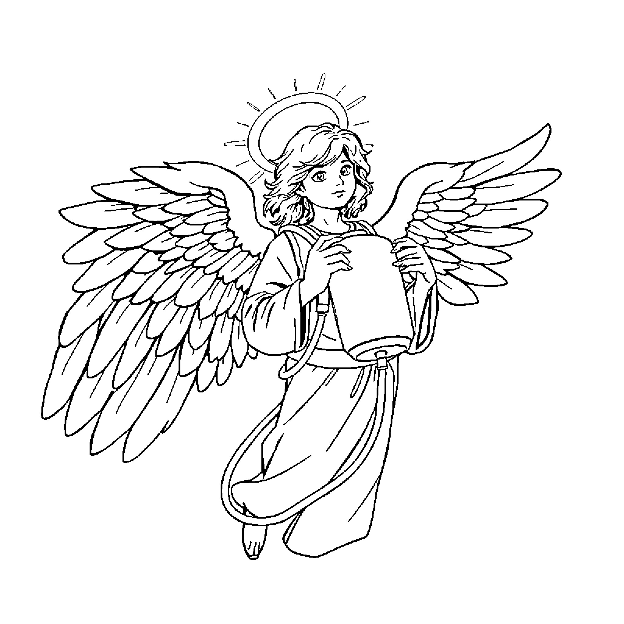Guardian Angel Carrying a Heavenly Light Coloring Page (free black-and-white line drawing printable PDF for all, from beginners to advanced learners, including children, teens, adults, and seniors)
