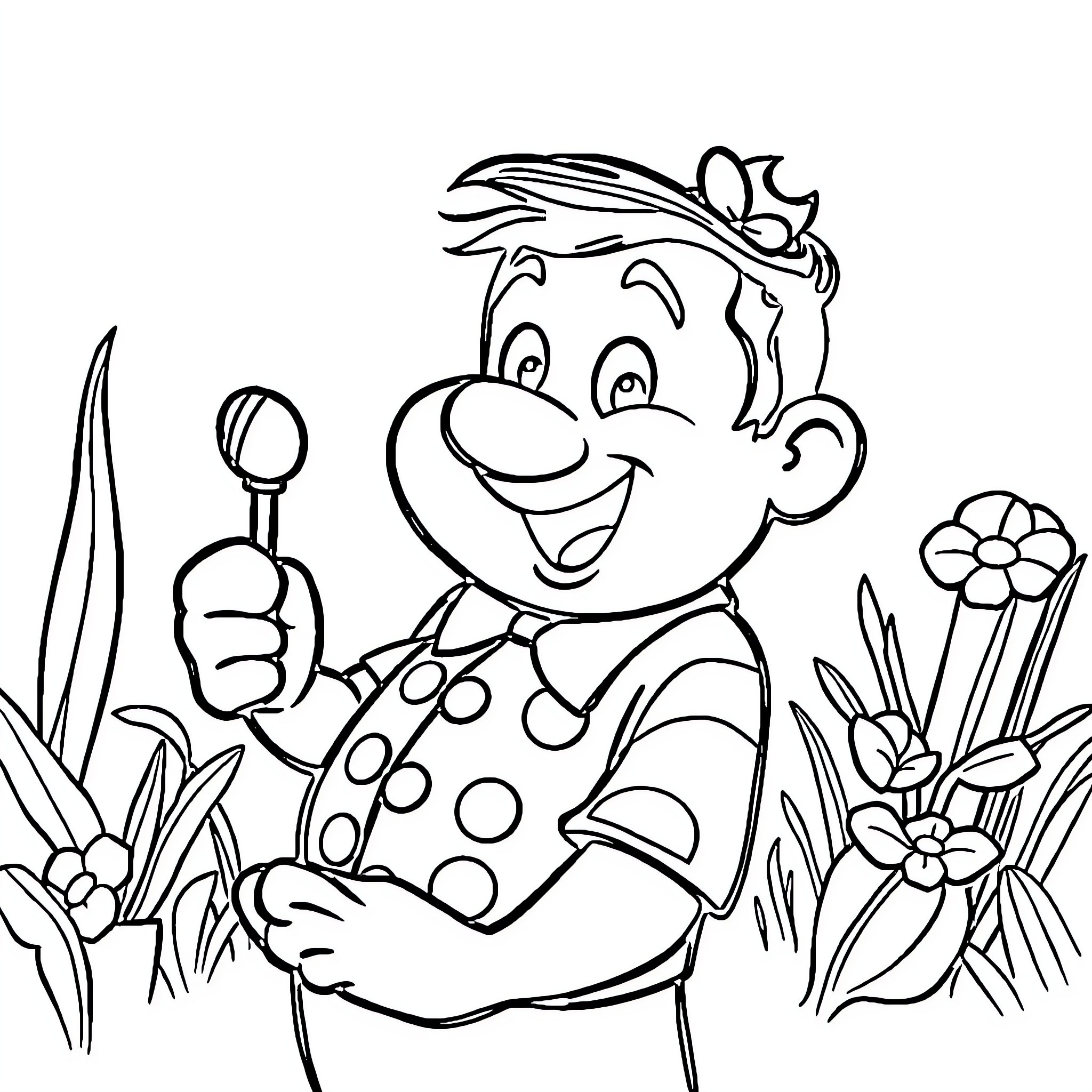 Quico enjoys the outdoors with his toys and flowers Coloring Page (free black-and-white line drawing printable PDF for all, from beginners to advanced learners, including children, teens, adults, and seniors)