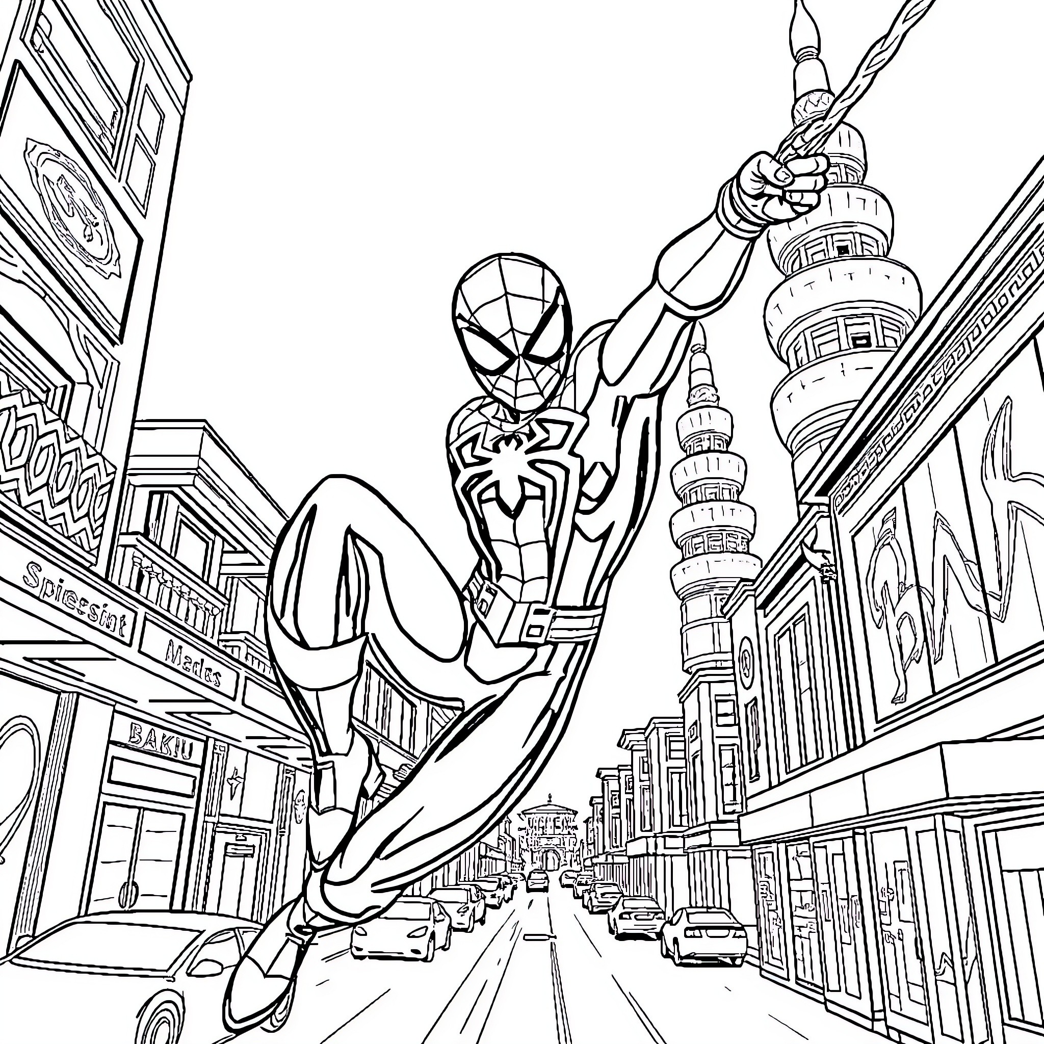 Spiderman swinging through the city streets Coloring Page (free black-and-white line drawing printable PDF for all, from beginners to advanced learners, including children, teens, adults, and seniors)