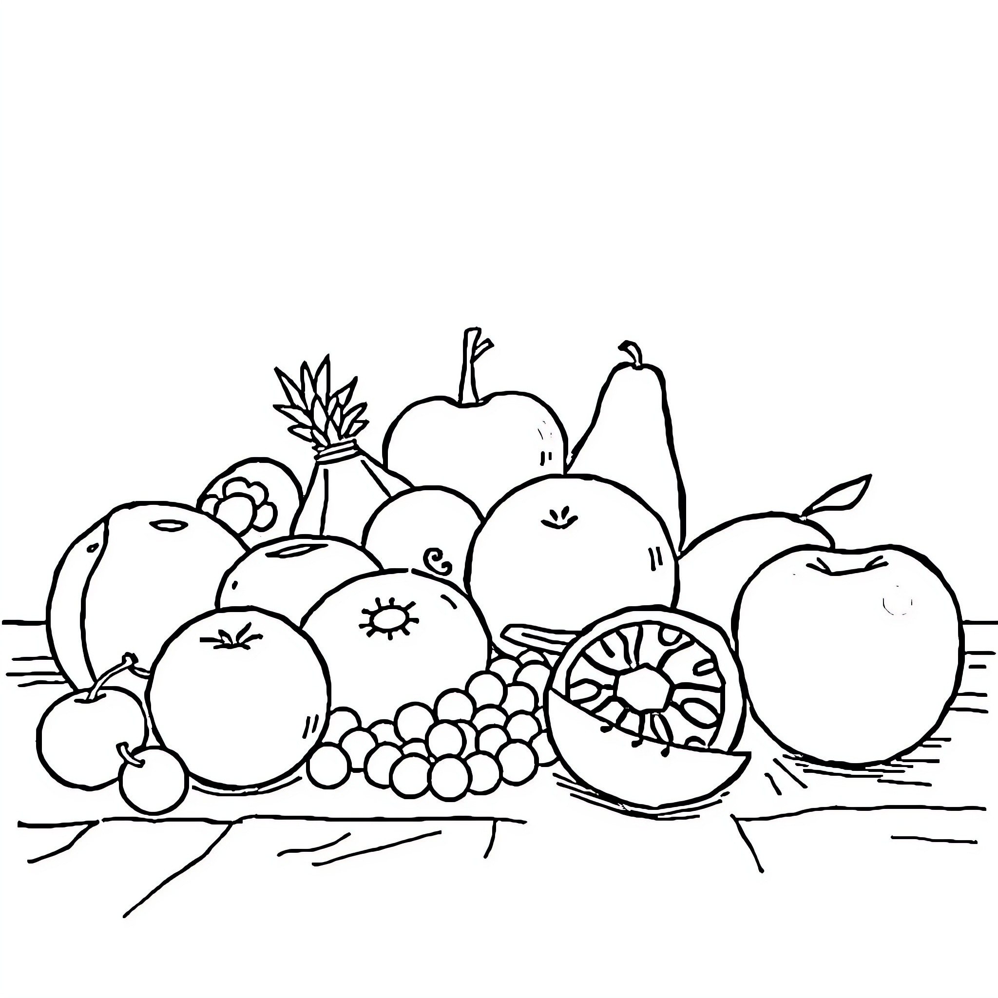 Fruit platter with assorted produce Coloring Page (free black-and-white line drawing printable PDF for all, from beginners to advanced learners, including children, teens, adults, and seniors)