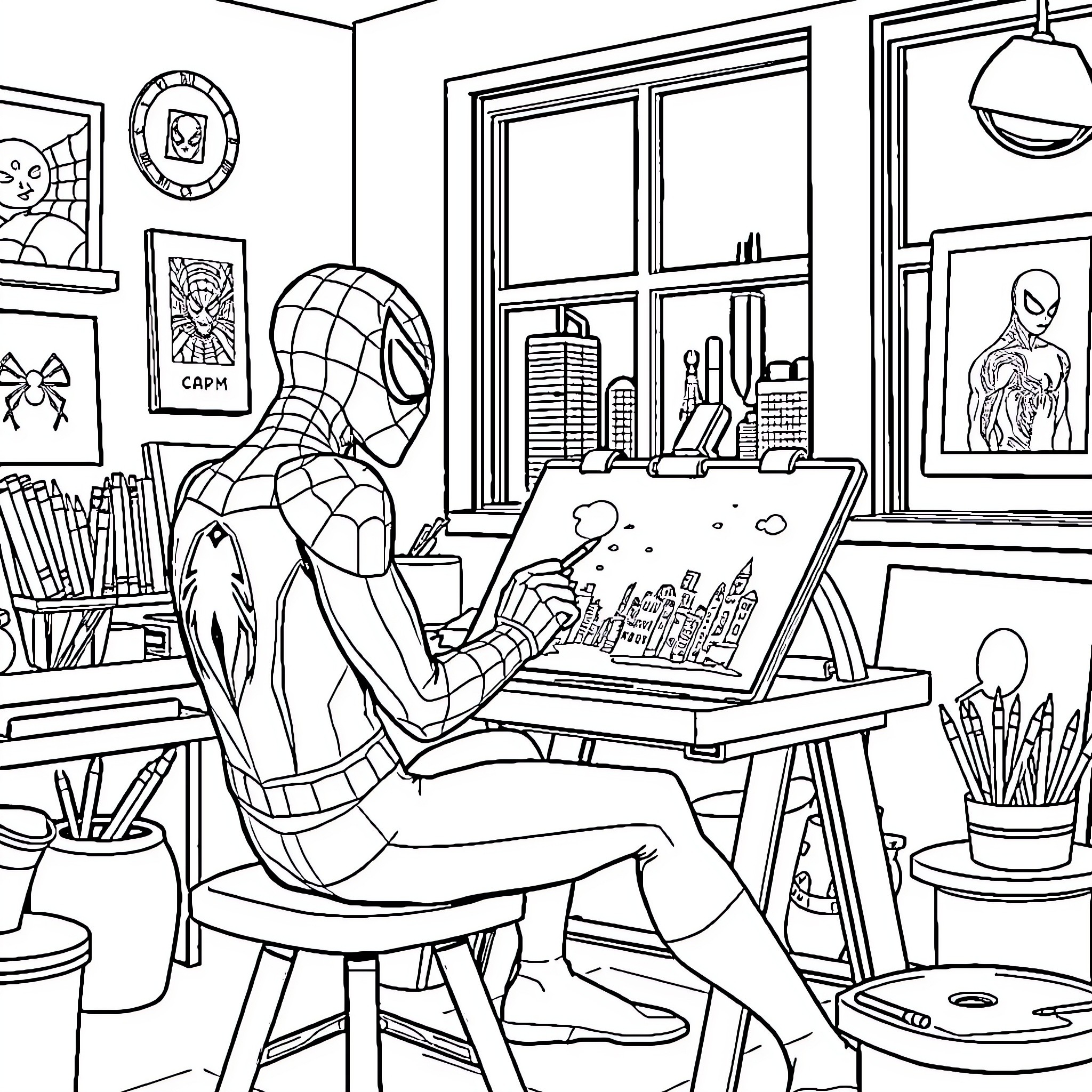 Spider-Man painting a cityscape in his studio Coloring Page (free black-and-white line drawing printable PDF for all, from beginners to advanced learners, including children, teens, adults, and seniors)