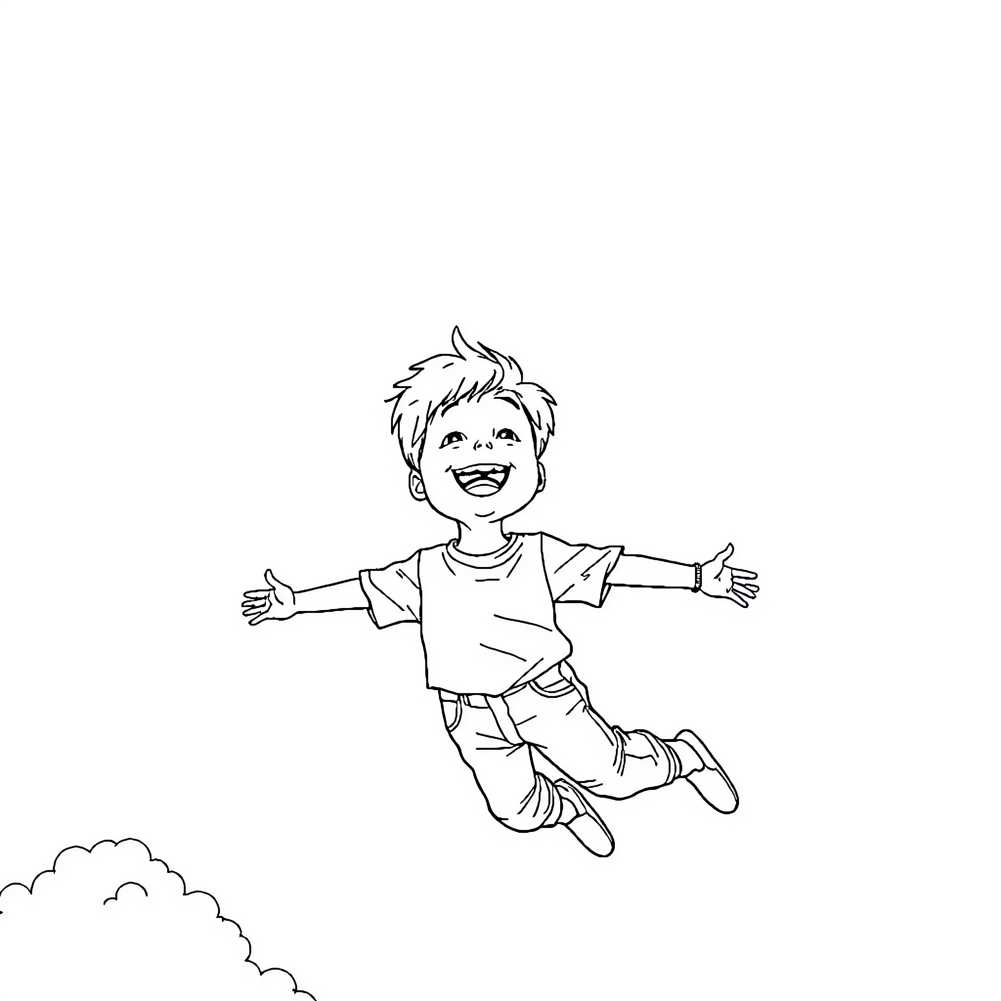 Flying Boy Joyfully Soaring Through the Sky Coloring Page (free black-and-white line drawing printable PDF for all, from beginners to advanced learners, including children, teens, adults, and seniors)