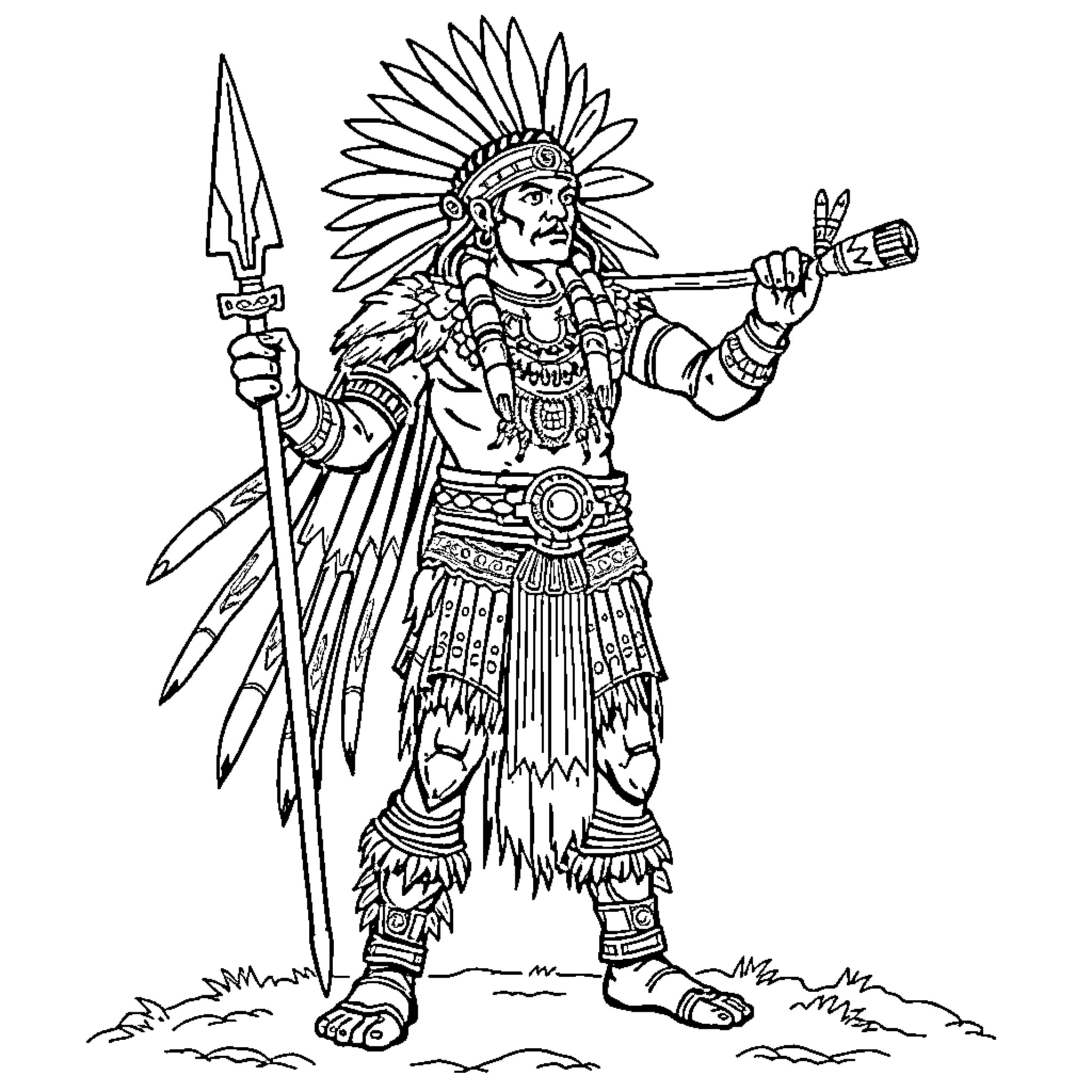Aztec Warrior Wielding Spear and Shield Coloring Page (free black-and-white line drawing printable PDF for all, from beginners to advanced learners, including children, teens, adults, and seniors)