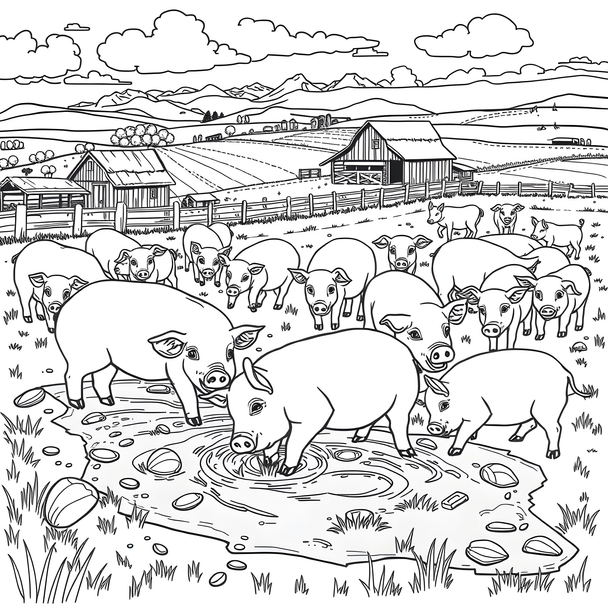Pigs playing in the countryside Coloring Page (free black-and-white line drawing printable PDF for all, from beginners to advanced learners, including children, teens, adults, and seniors)
