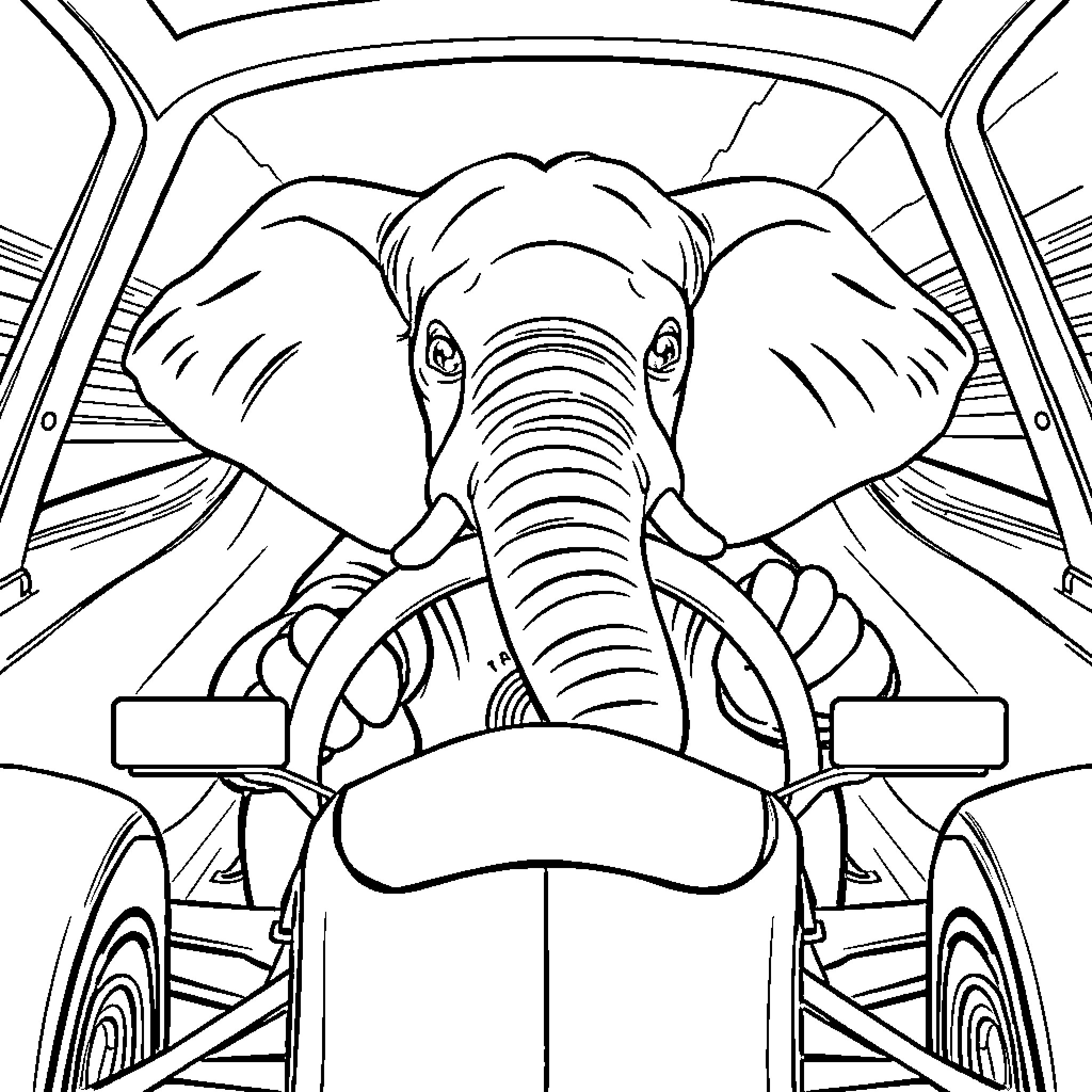 Elephant driving a race car Coloring Page (free black-and-white line drawing printable PDF for all, from beginners to advanced learners, including children, teens, adults, and seniors)