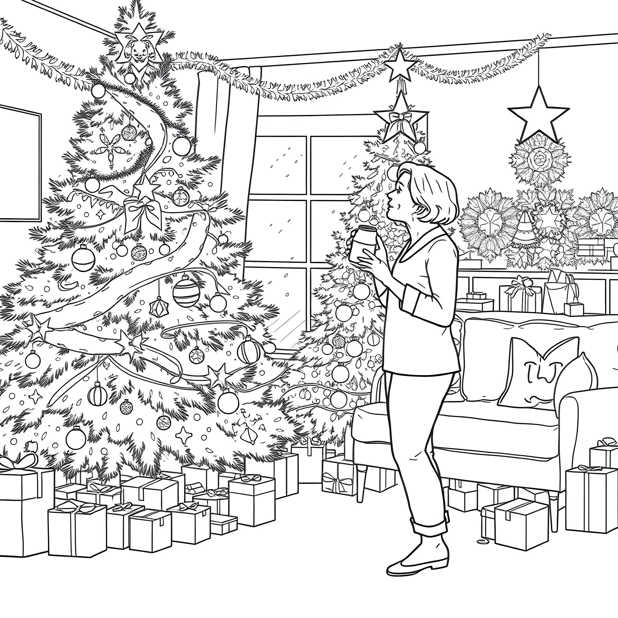 Woman decorating Christmas tree in festive home Coloring Page (free black-and-white line drawing printable PDF for all, from beginners to advanced learners, including children, teens, adults, and seniors)