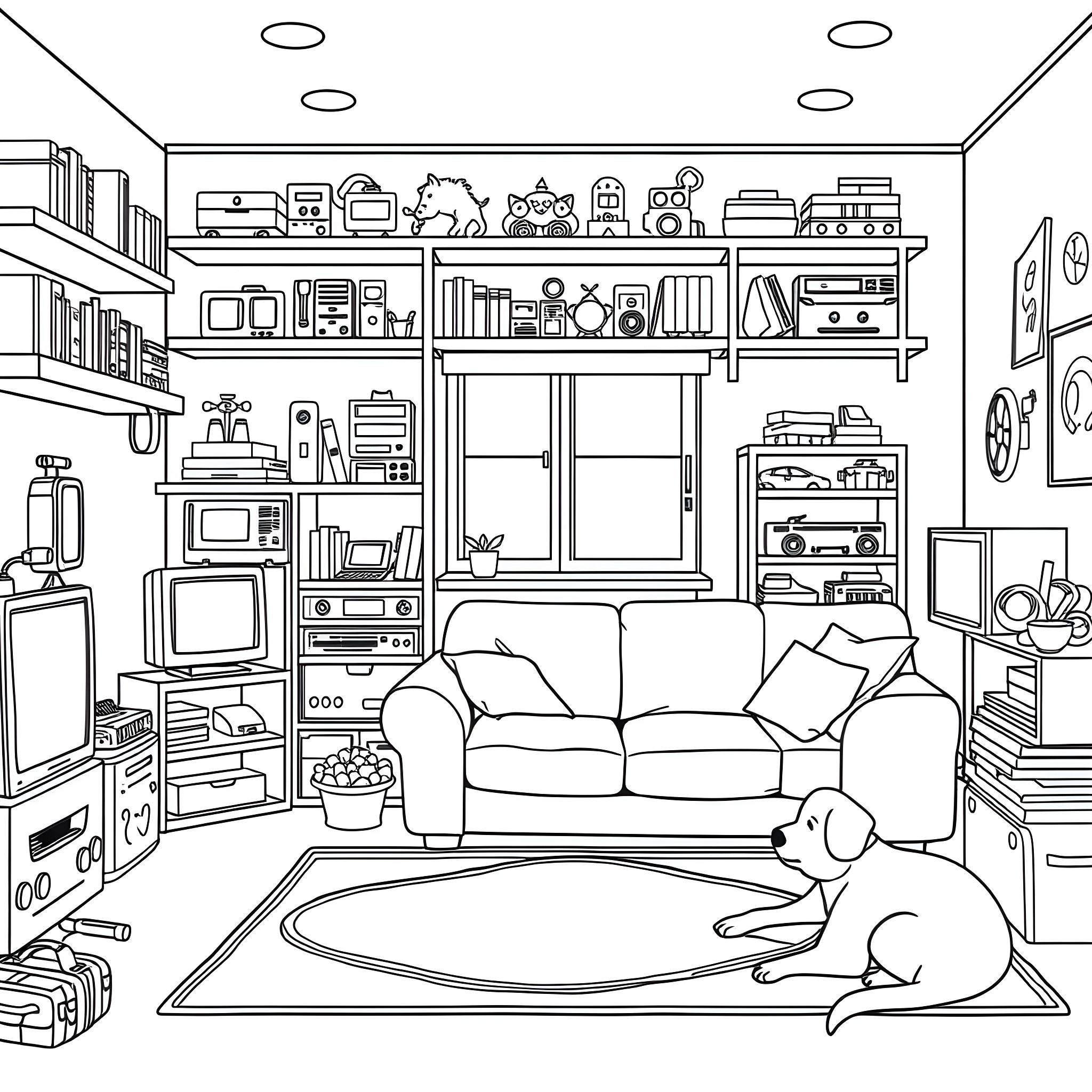 Playroom with toys, furniture, and electronics Coloring Page (free black-and-white line drawing printable PDF for all, from beginners to advanced learners, including children, teens, adults, and seniors)