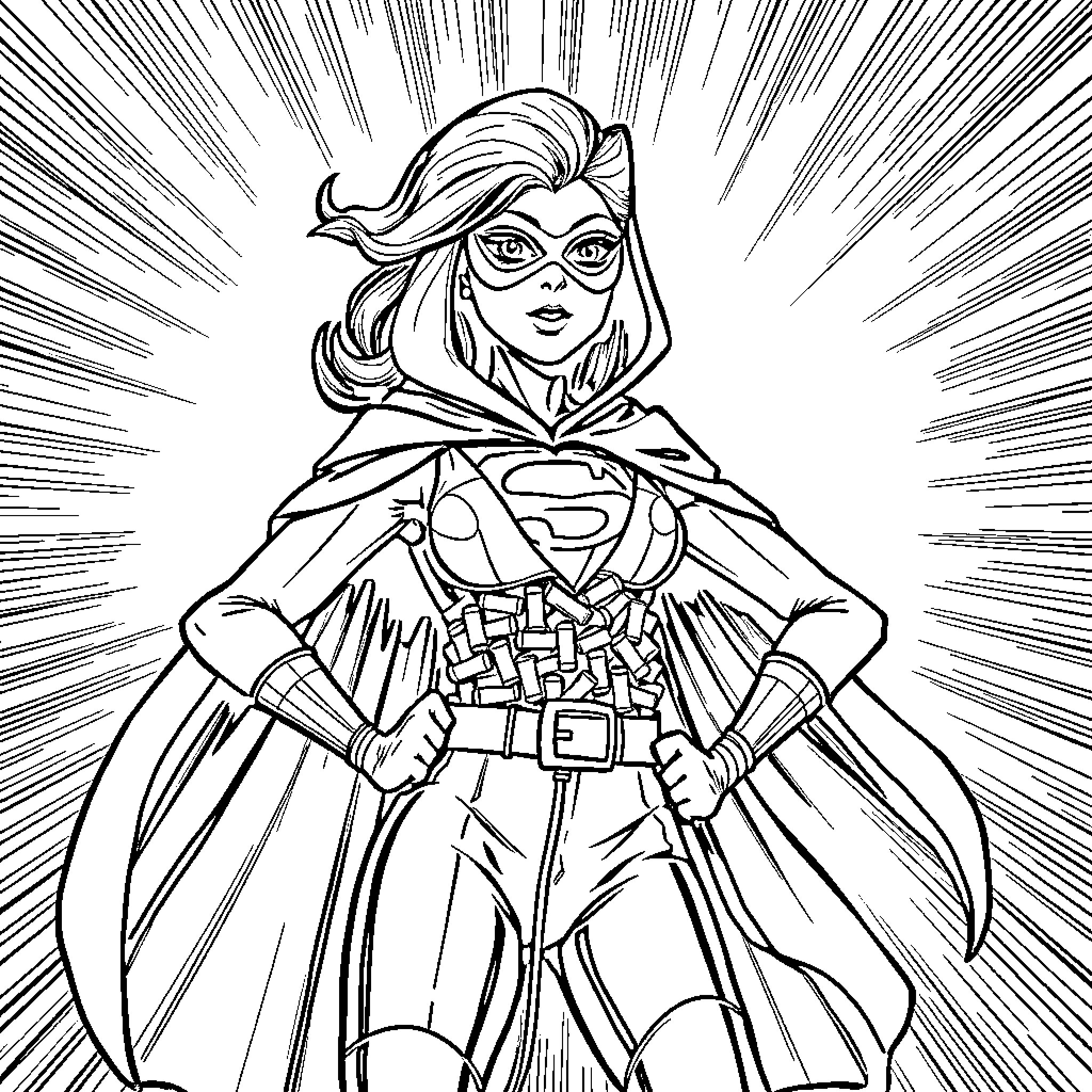 Tampon Superhero in Action Pose Coloring Page (free black-and-white line drawing printable PDF for all, from beginners to advanced learners, including children, teens, adults, and seniors)