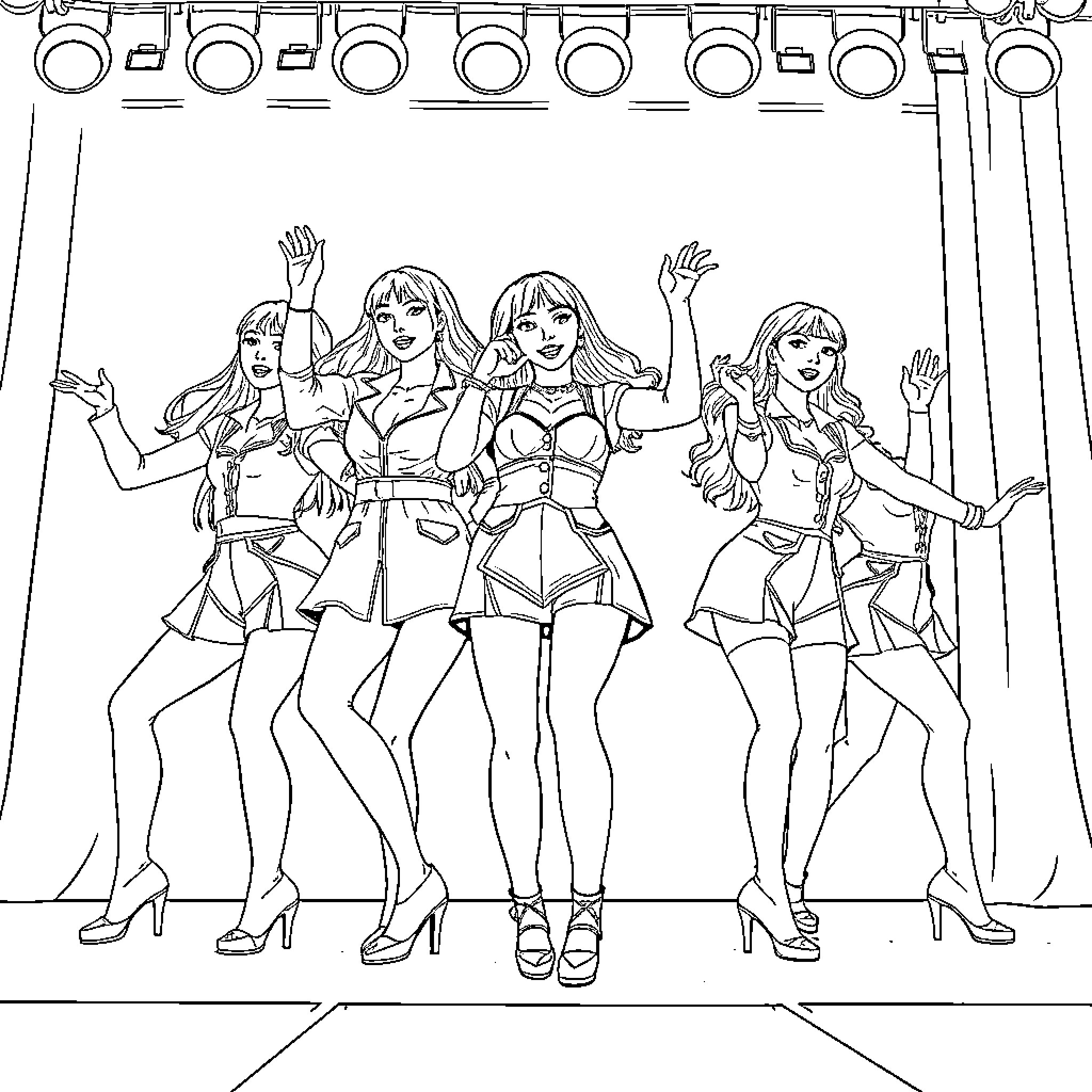 K Pop Warrior Performers Showcasing Their Captivating Choreography Coloring Page (free black-and-white line drawing printable PDF for all, from beginners to advanced learners, including children, teens, adults, and seniors)