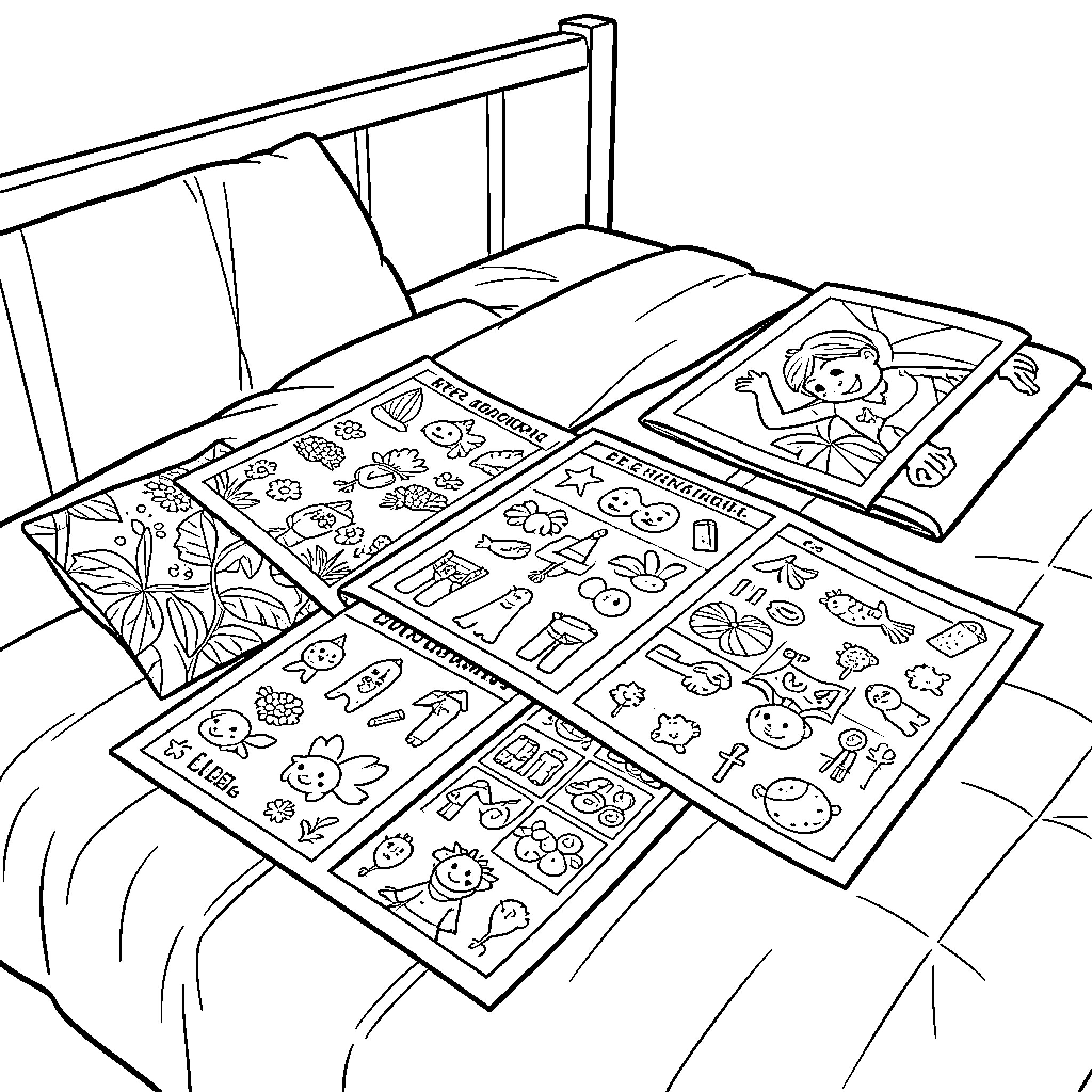 Sheets of Artistic Coloring Pages on Bed Coloring Page (free black-and-white line drawing printable PDF for all, from beginners to advanced learners, including children, teens, adults, and seniors)