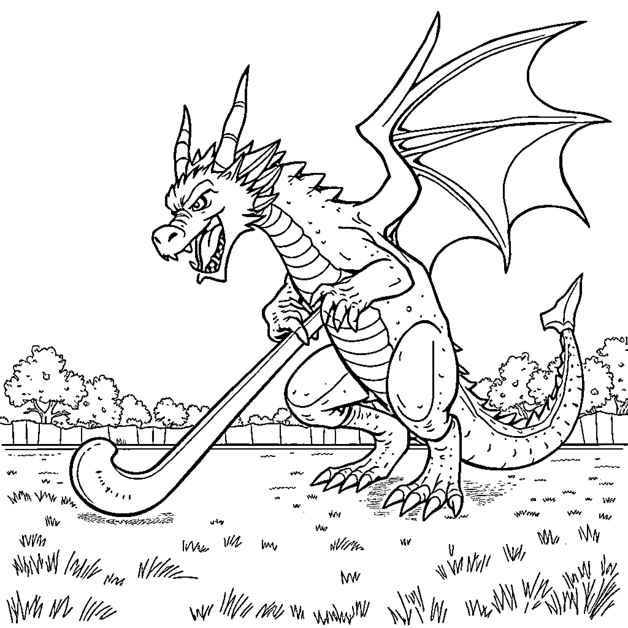 Dragon unleashing its fiery breath in a lush landscape Coloring Page (free black-and-white line drawing printable PDF for all, from beginners to advanced learners, including children, teens, adults, and seniors)