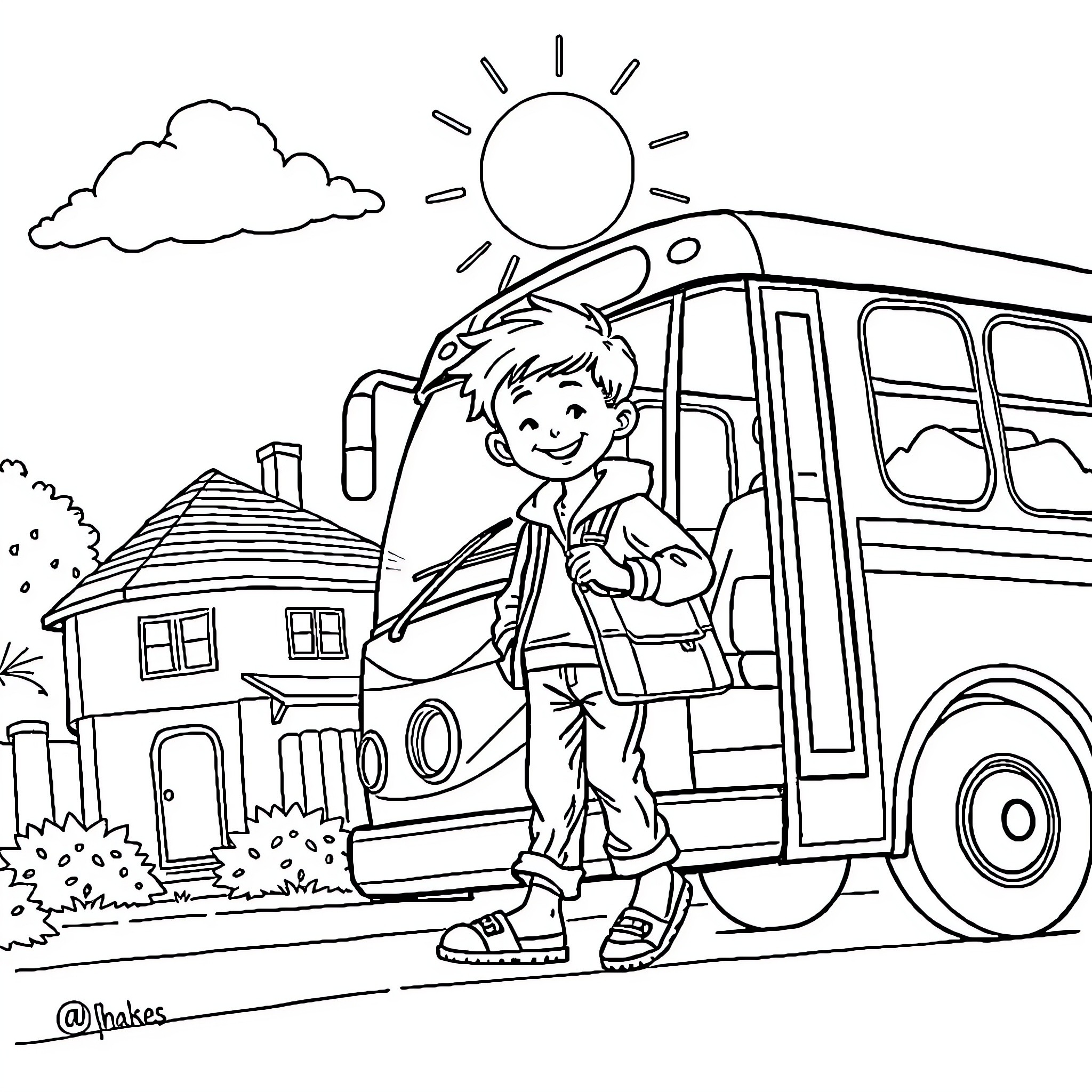 Petit Garçon Walking to School Bus on Sunny Day Coloring Page (free black-and-white line drawing printable PDF for all, from beginners to advanced learners, including children, teens, adults, and seniors)