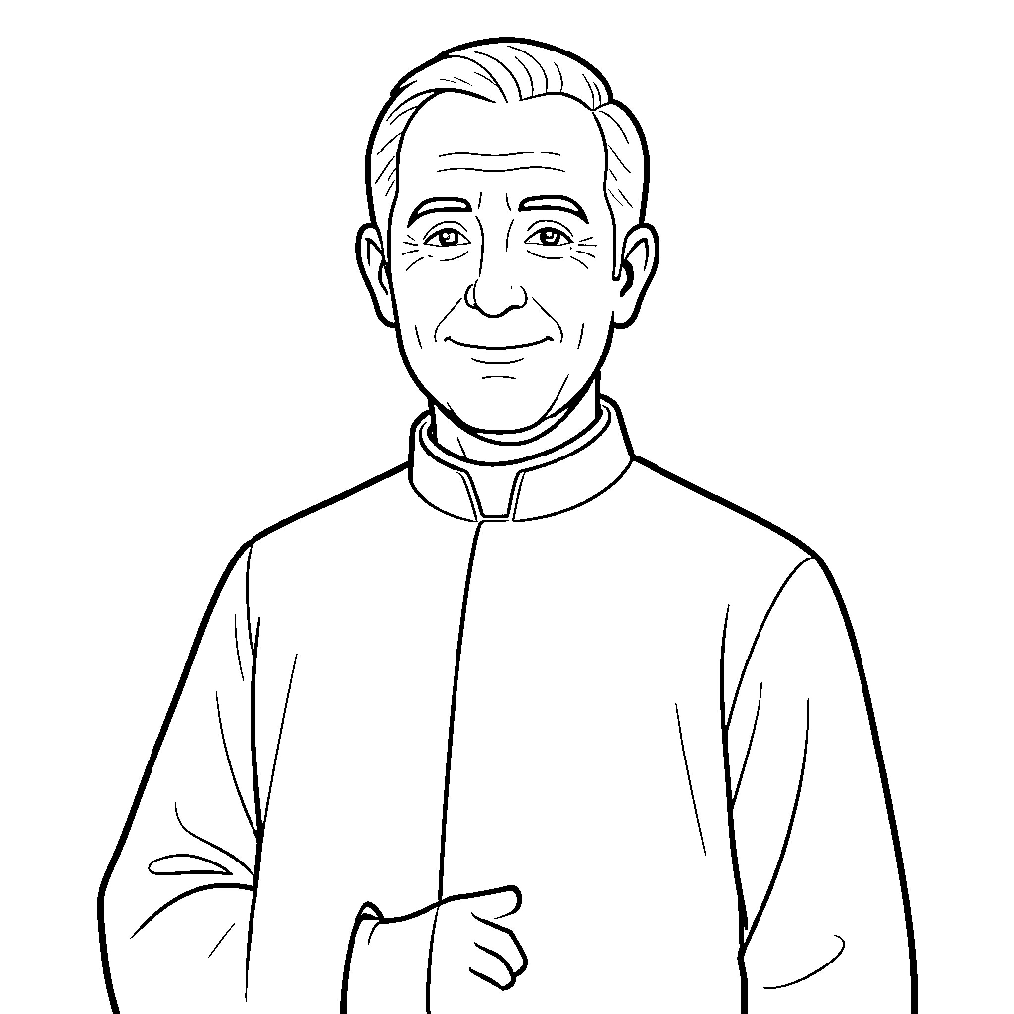 Priest smiling gently in clerical attire Coloring Page (free black-and-white line drawing printable PDF for all, from beginners to advanced learners, including children, teens, adults, and seniors)