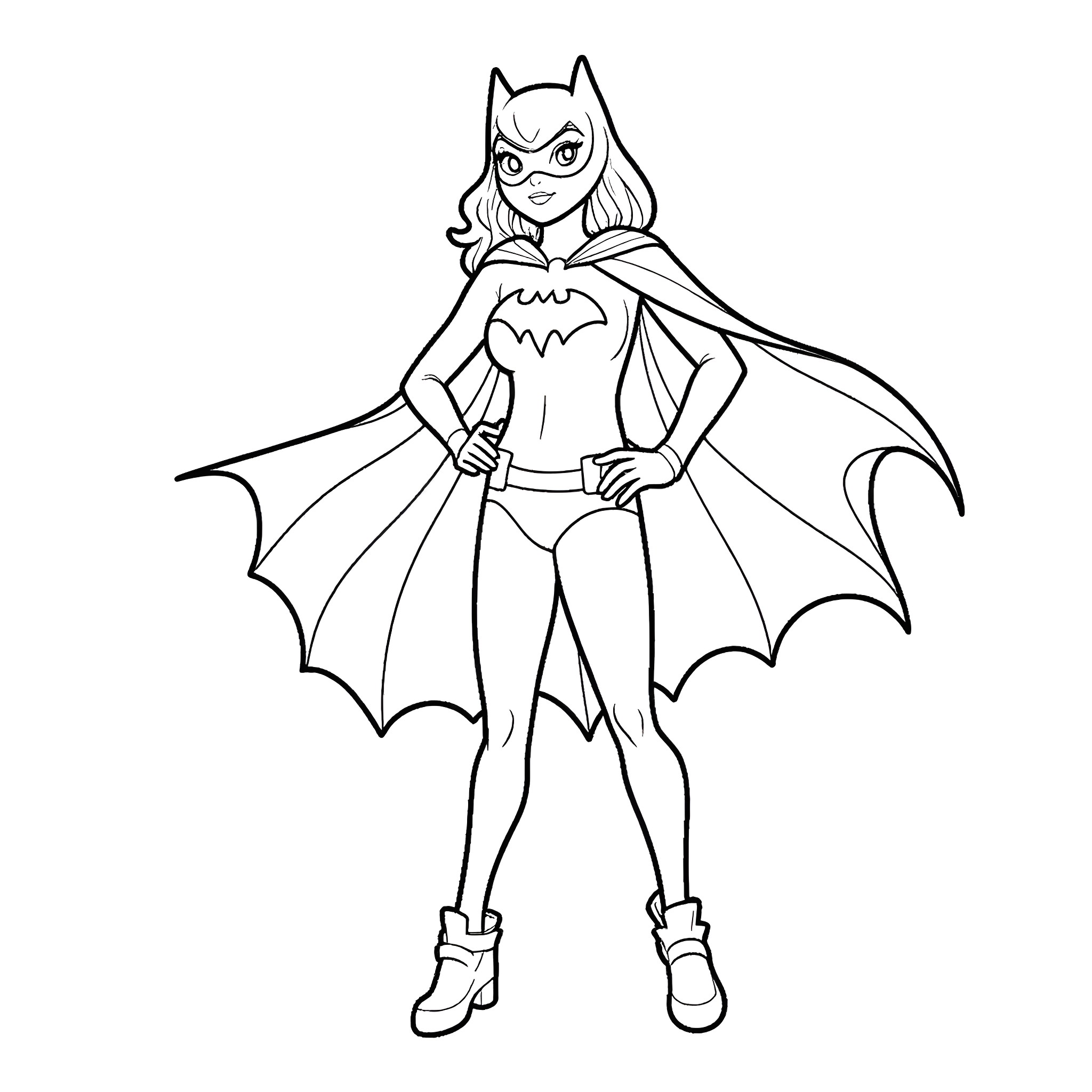 Bat Girl in heroic action pose Coloring Page (free black-and-white line drawing printable PDF for all, from beginners to advanced learners, including children, teens, adults, and seniors)