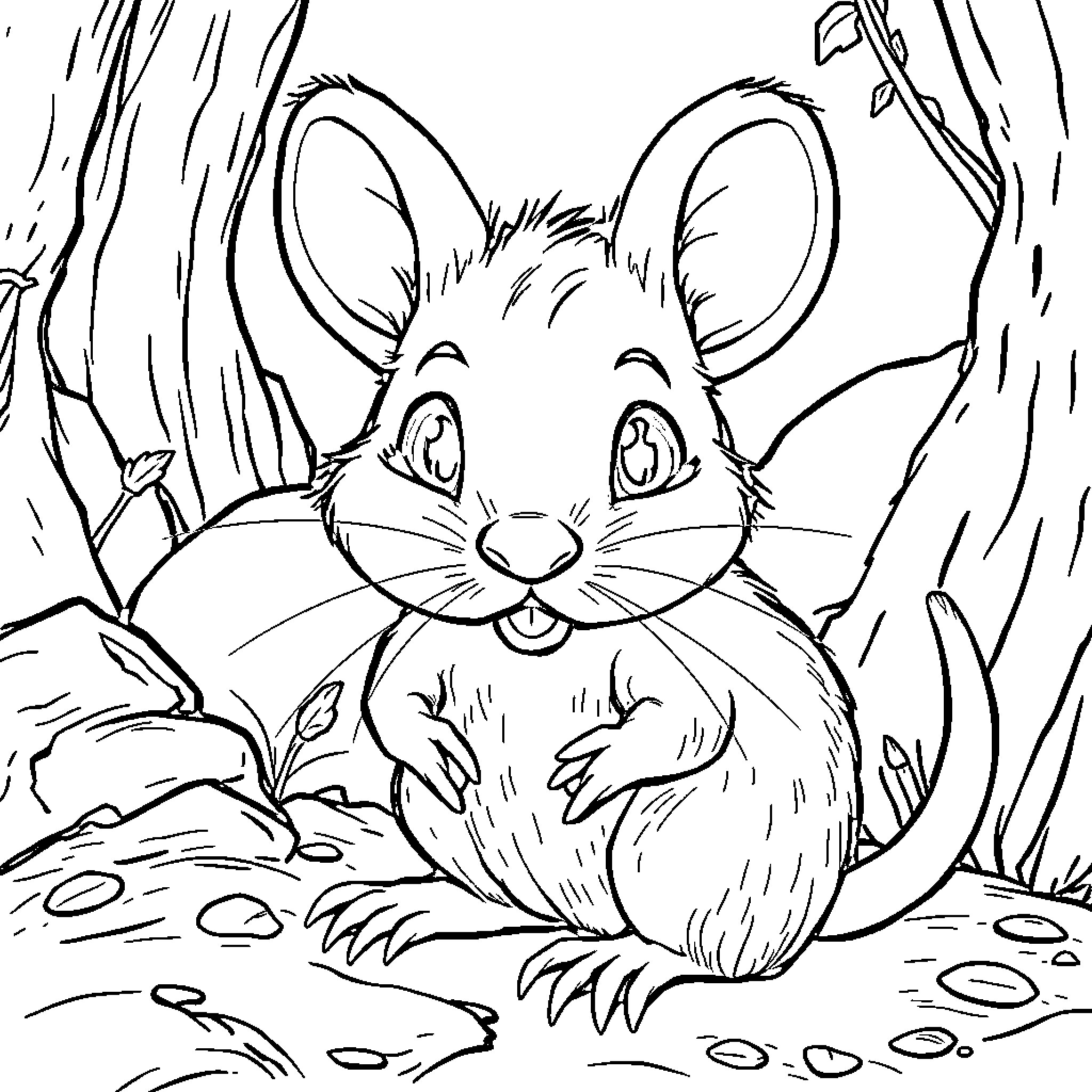 Ratón exploring the forest Coloring Page (free black-and-white line drawing printable PDF for all, from beginners to advanced learners, including children, teens, adults, and seniors)