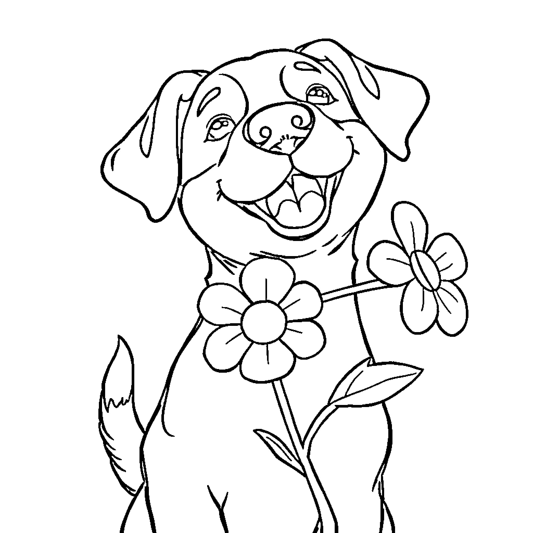 Dog with Flower Enjoying the Outdoors Coloring Page (free black-and-white line drawing printable PDF for all, from beginners to advanced learners, including children, teens, adults, and seniors)