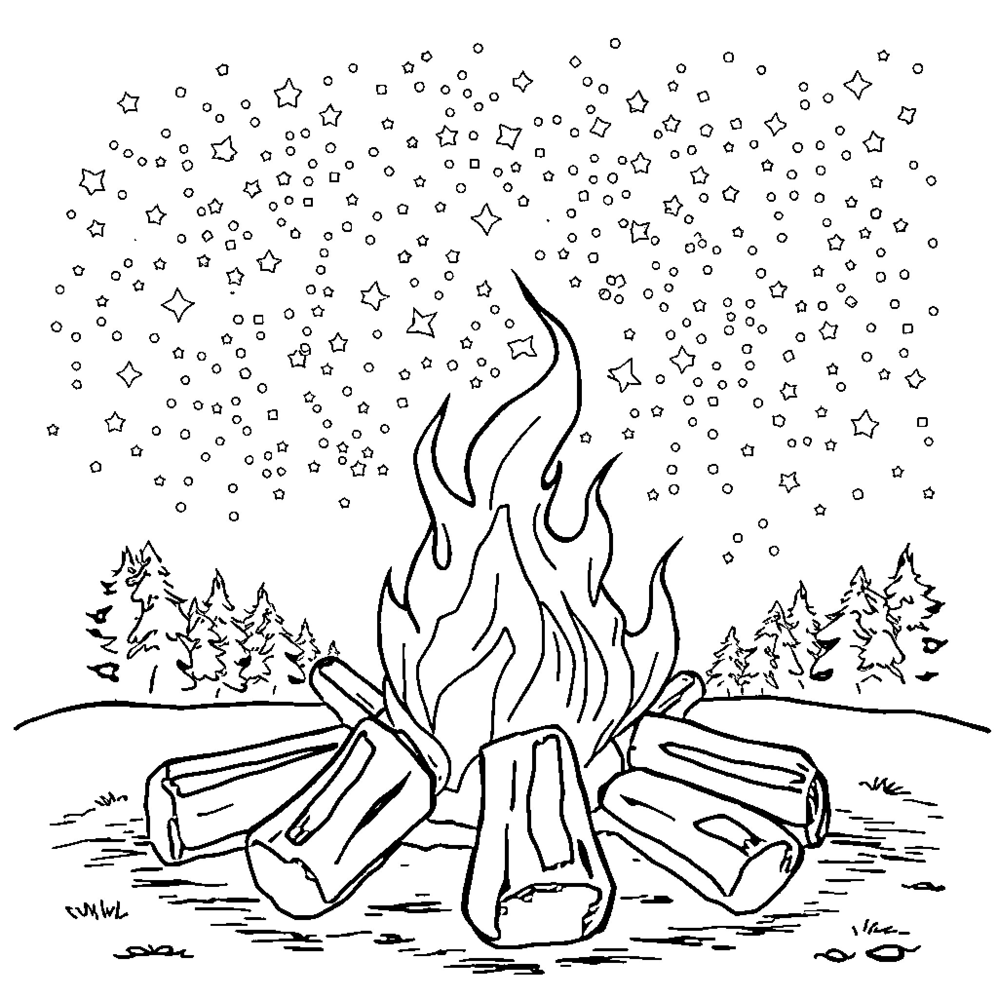 Bonfire on a snowy night with starry skies Coloring Page (free black-and-white line drawing printable PDF for all, from beginners to advanced learners, including children, teens, adults, and seniors)