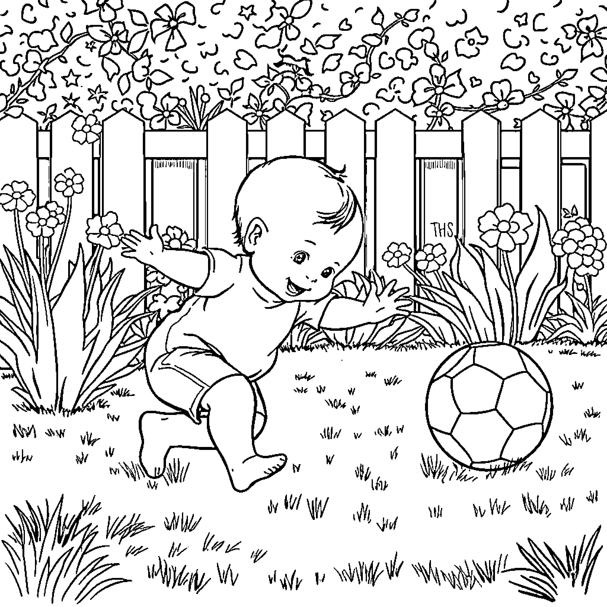 Baby playing happily with a soccer ball in a garden Coloring Page (free black-and-white line drawing printable PDF for all, from beginners to advanced learners, including children, teens, adults, and seniors)