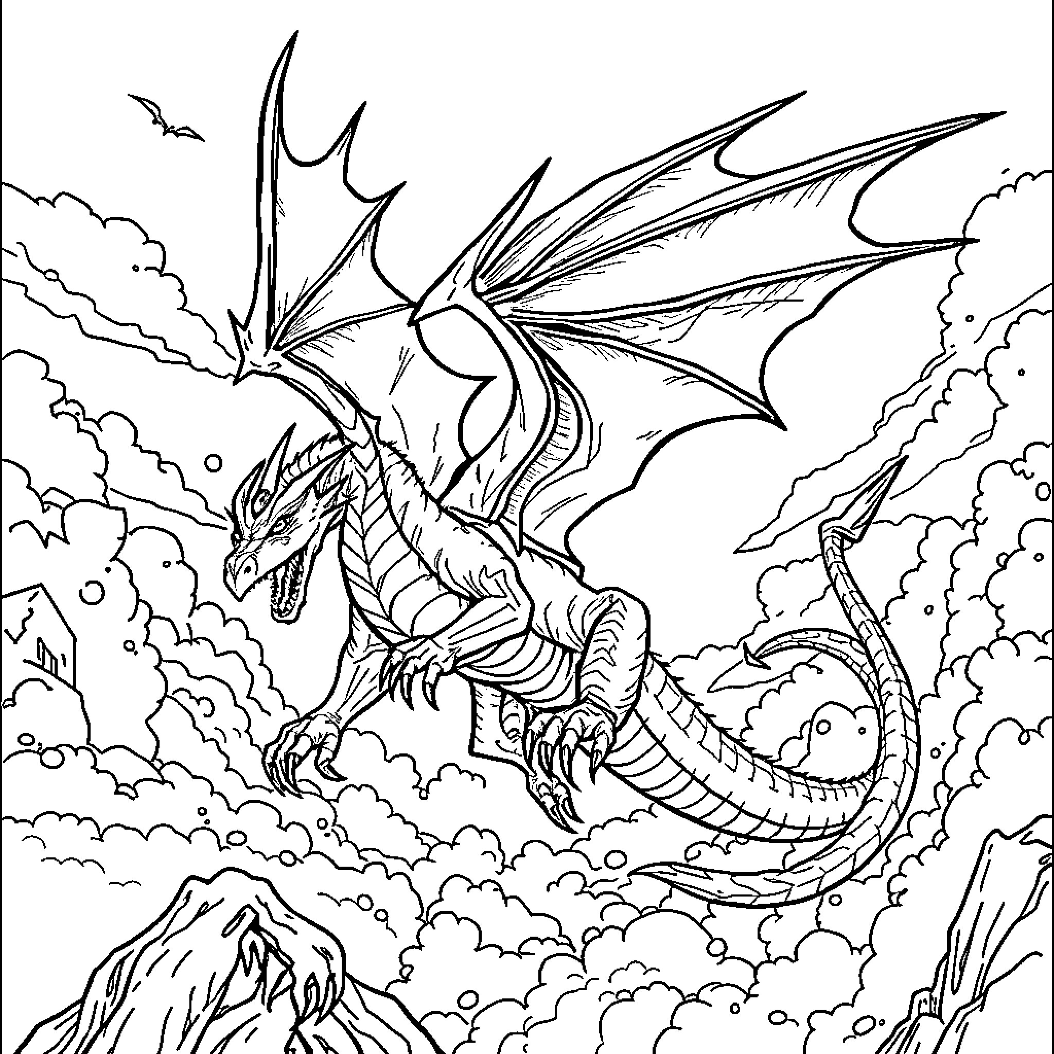Dragon soaring through a cloudy, stormy sky Coloring Page (free black-and-white line drawing printable PDF for all, from beginners to advanced learners, including children, teens, adults, and seniors)