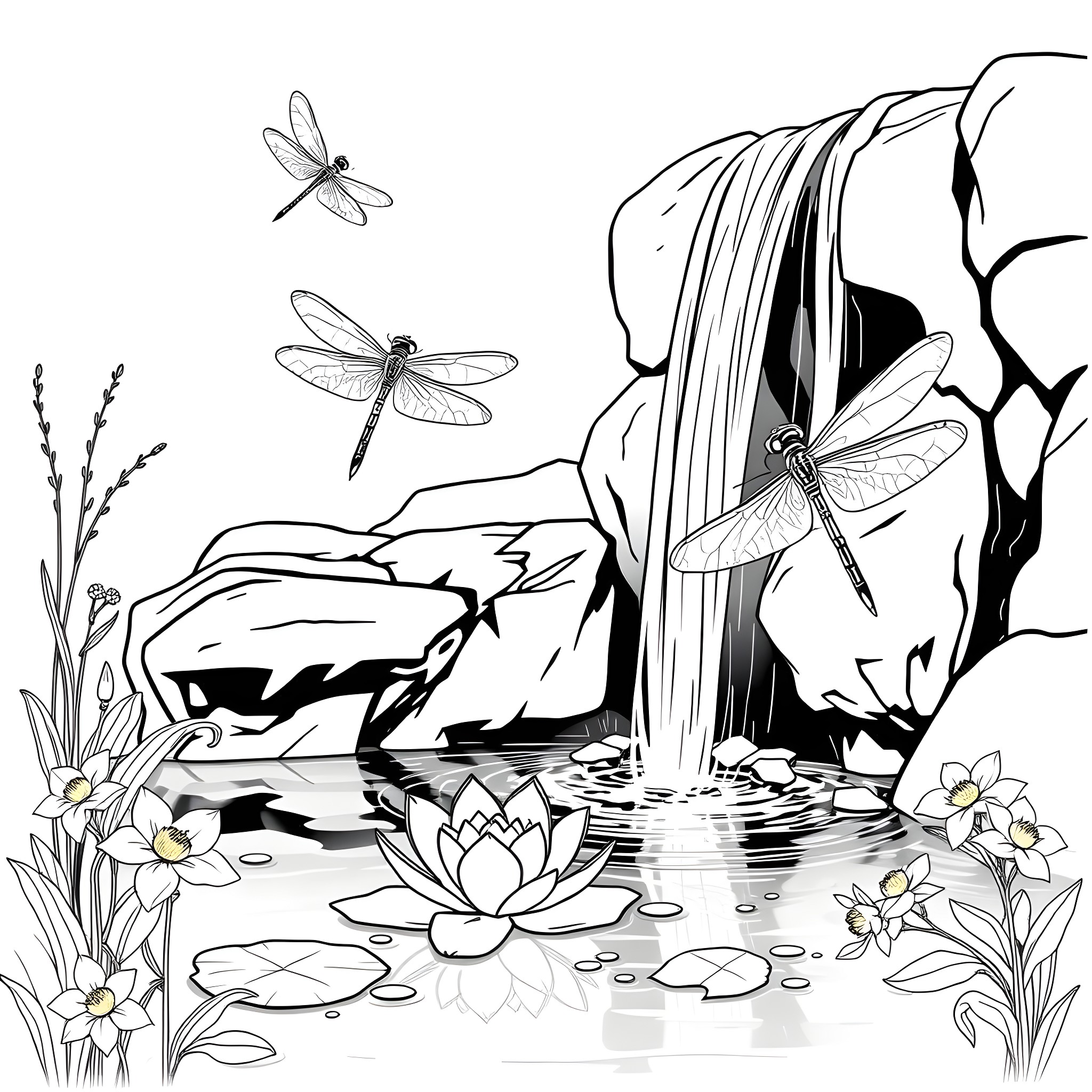 Dragonflies dancing around a serene waterfall Coloring Page (free black-and-white line drawing printable PDF for all, from beginners to advanced learners, including children, teens, adults, and seniors)
