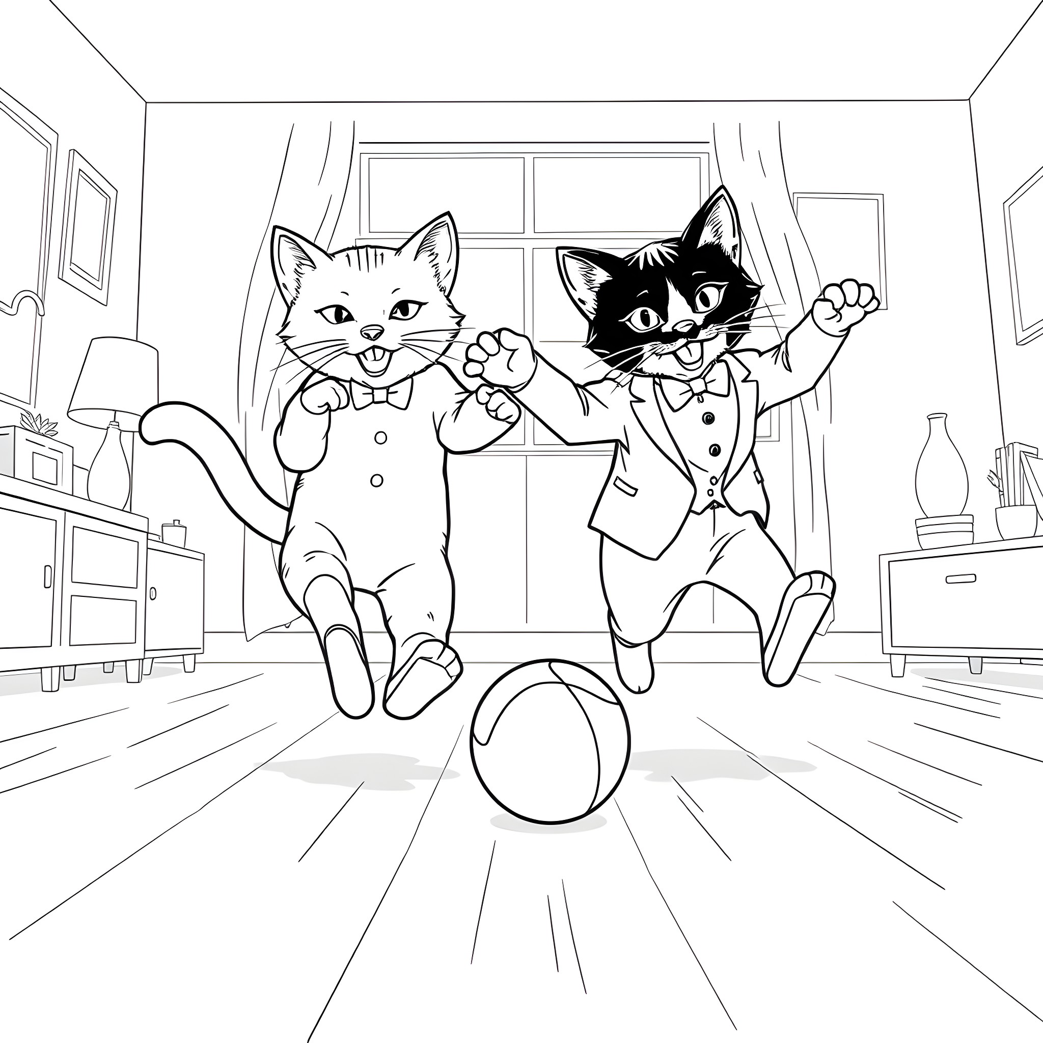Cats dancing happily in a room Coloring Page (free black-and-white line drawing printable PDF for all, from beginners to advanced learners, including children, teens, adults, and seniors)