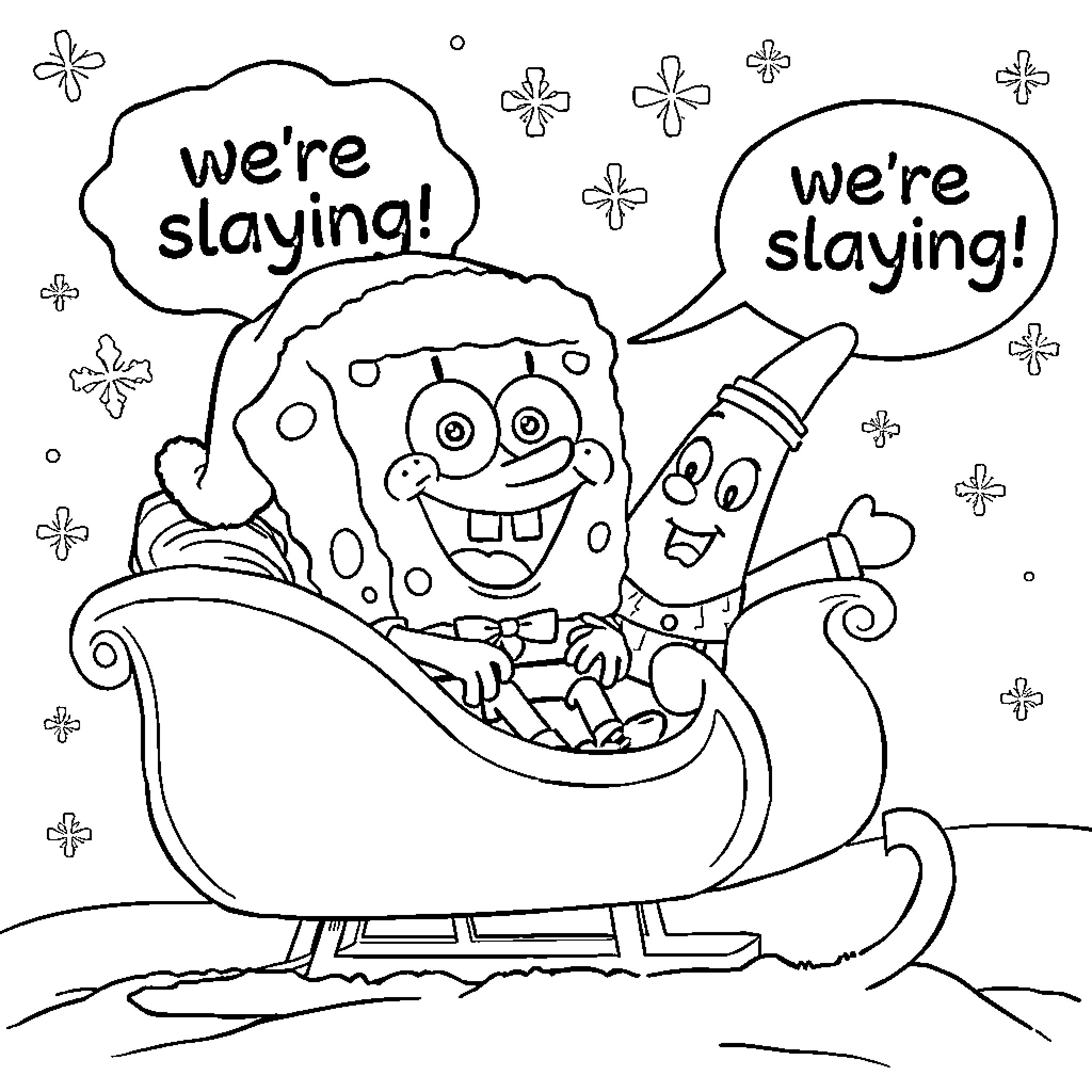 Spongebob and Patrick sleighing happily Coloring Page (free black-and-white line drawing printable PDF for all, from beginners to advanced learners, including children, teens, adults, and seniors)