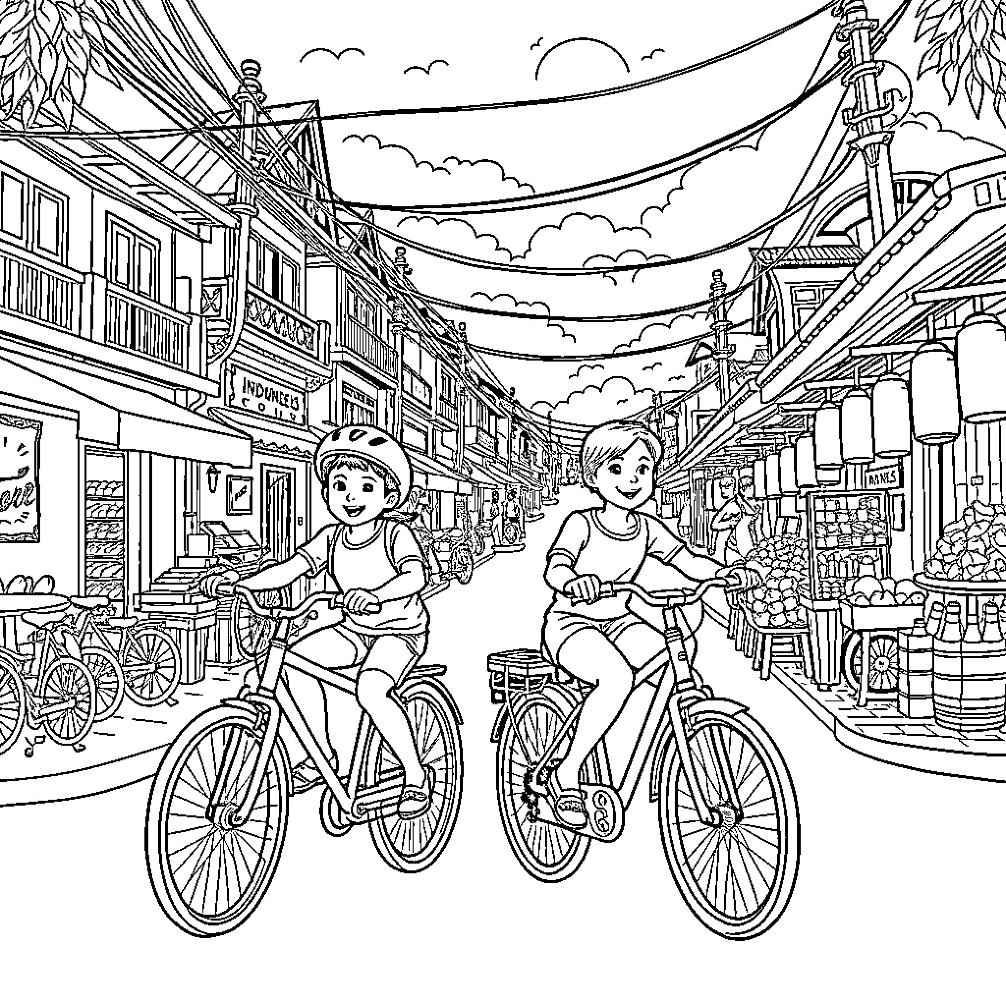 Siblings Riding Bicycles in Lively Town Coloring Page (free black-and-white line drawing printable PDF for all, from beginners to advanced learners, including children, teens, adults, and seniors)