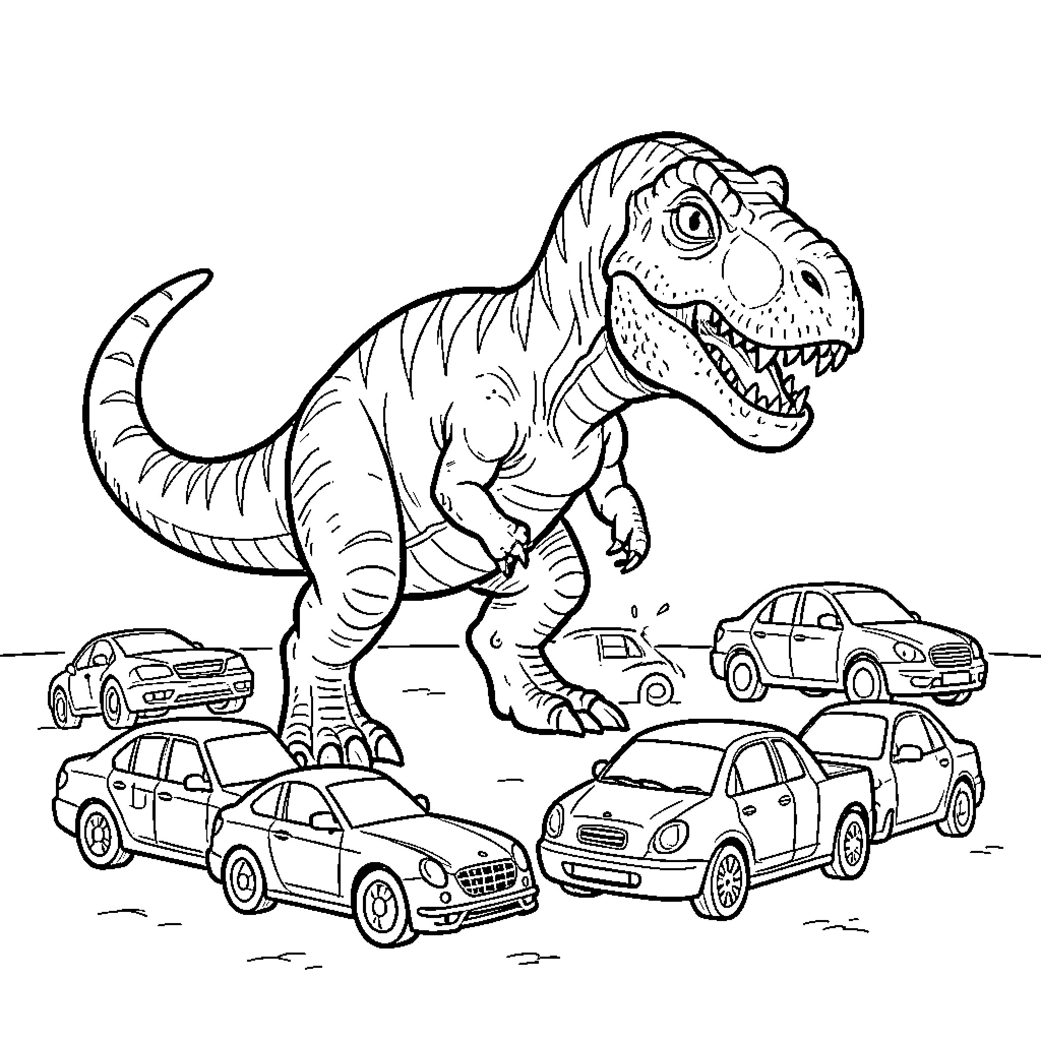 Dinosaur walking through a group of cars Coloring Page (free black-and-white line drawing printable PDF for all, from beginners to advanced learners, including children, teens, adults, and seniors)