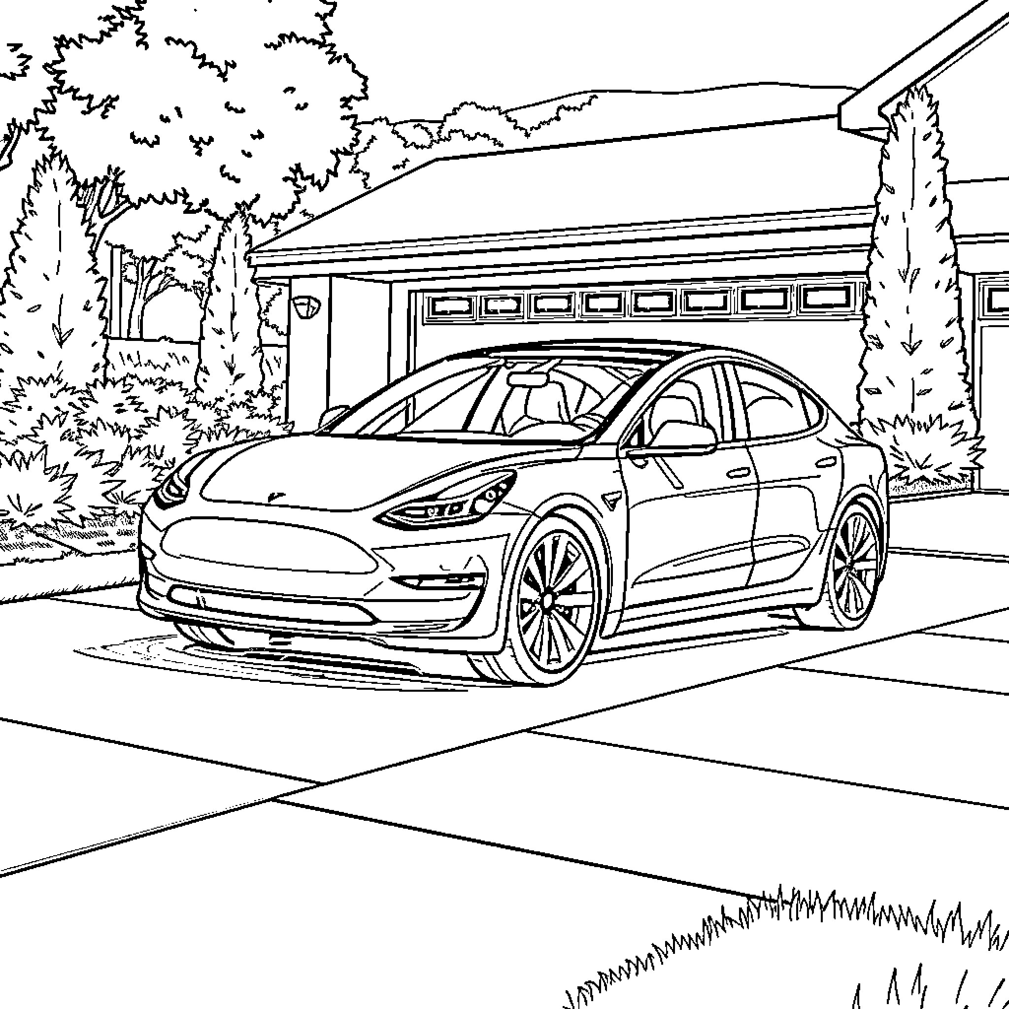 Tesla Model 3 parked in front of a modern house Coloring Page (free black-and-white line drawing printable PDF for all, from beginners to advanced learners, including children, teens, adults, and seniors)