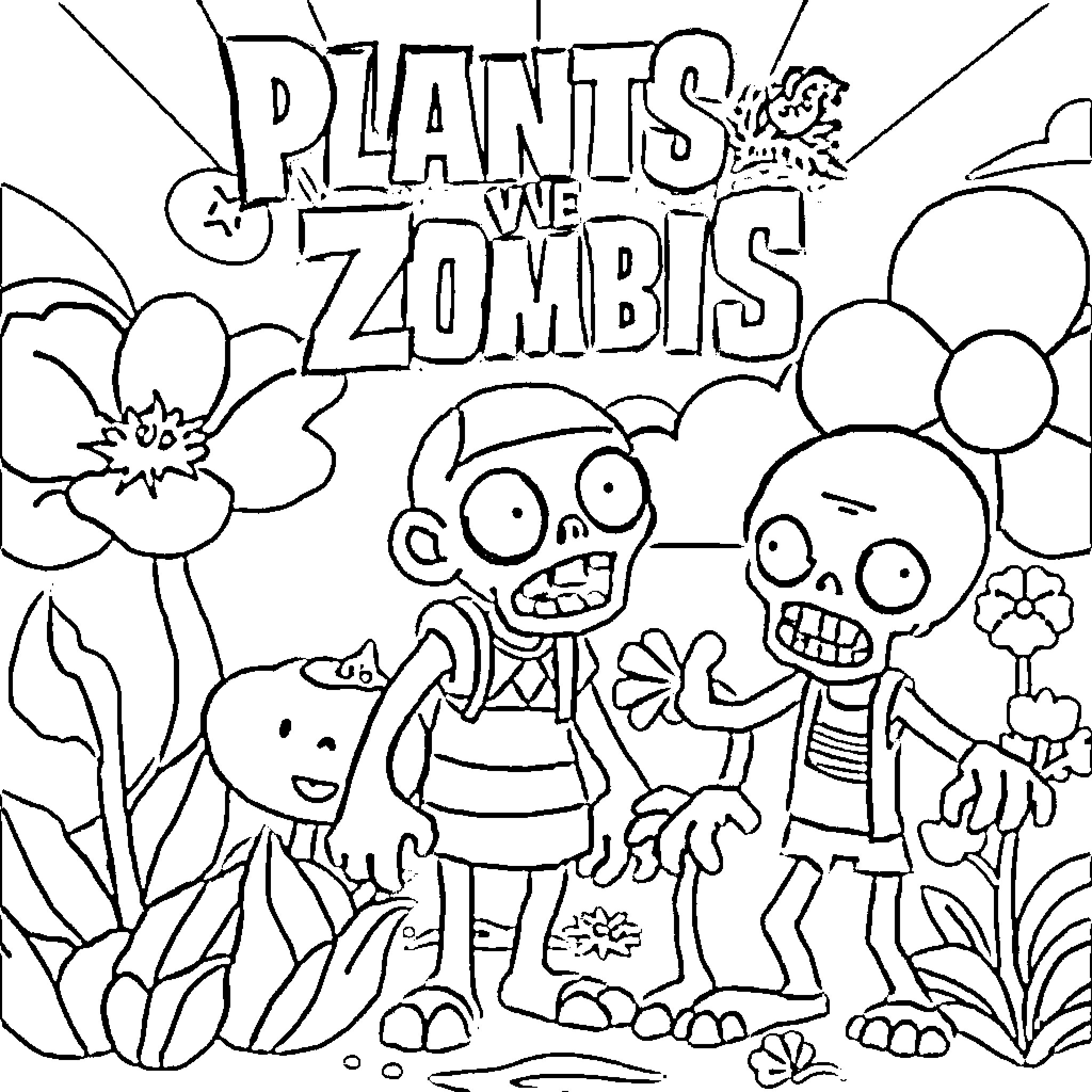 Plants vs Zombies cartoon characters in playful scene Coloring Page (free black-and-white line drawing printable PDF for all, from beginners to advanced learners, including children, teens, adults, and seniors)