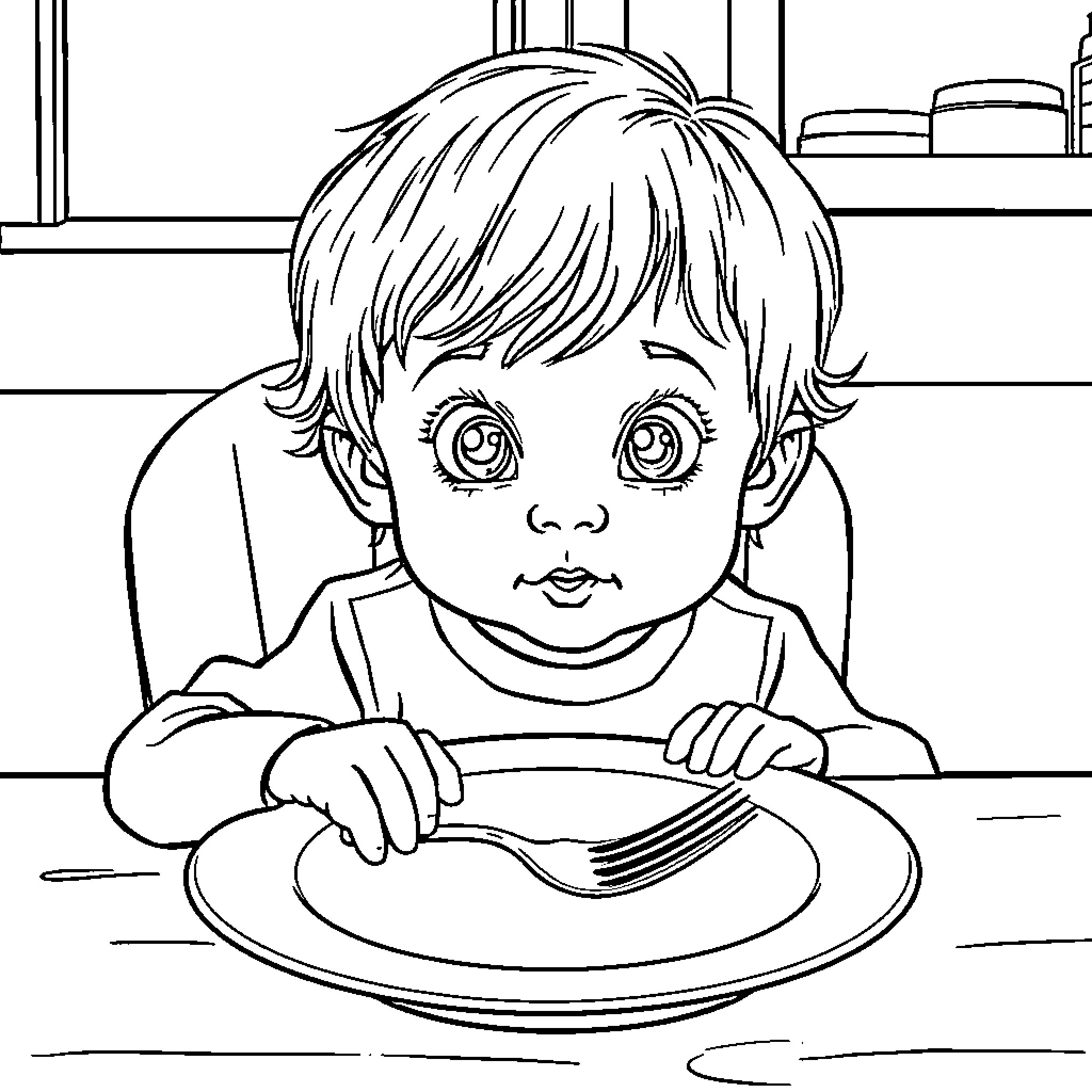 Child Enjoying Meal with Enthusiasm Coloring Page (free black-and-white line drawing printable PDF for all, from beginners to advanced learners, including children, teens, adults, and seniors)
