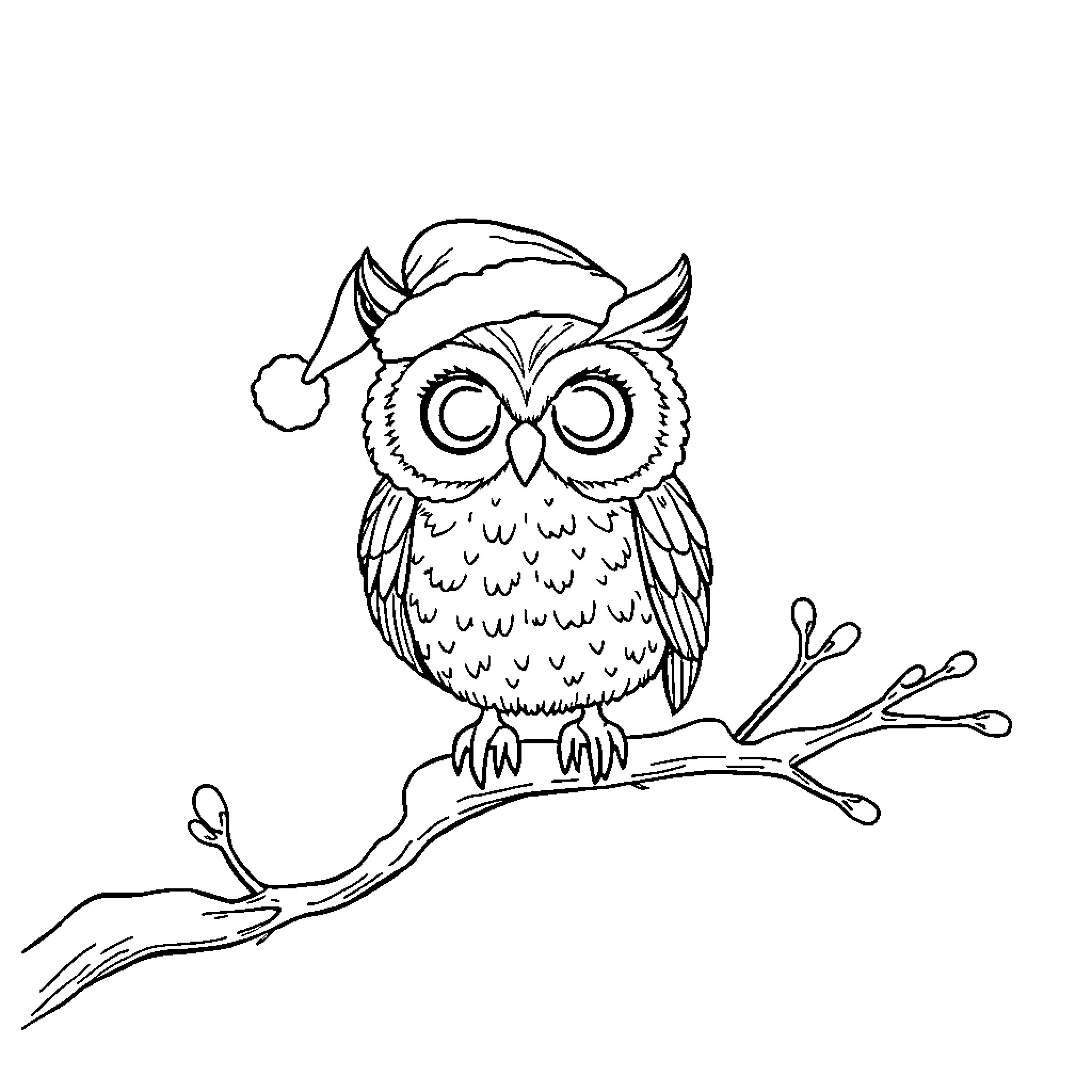 Owl wearing a Santa hat on a snowy branch Coloring Page (free black-and-white line drawing printable PDF for all, from beginners to advanced learners, including children, teens, adults, and seniors)