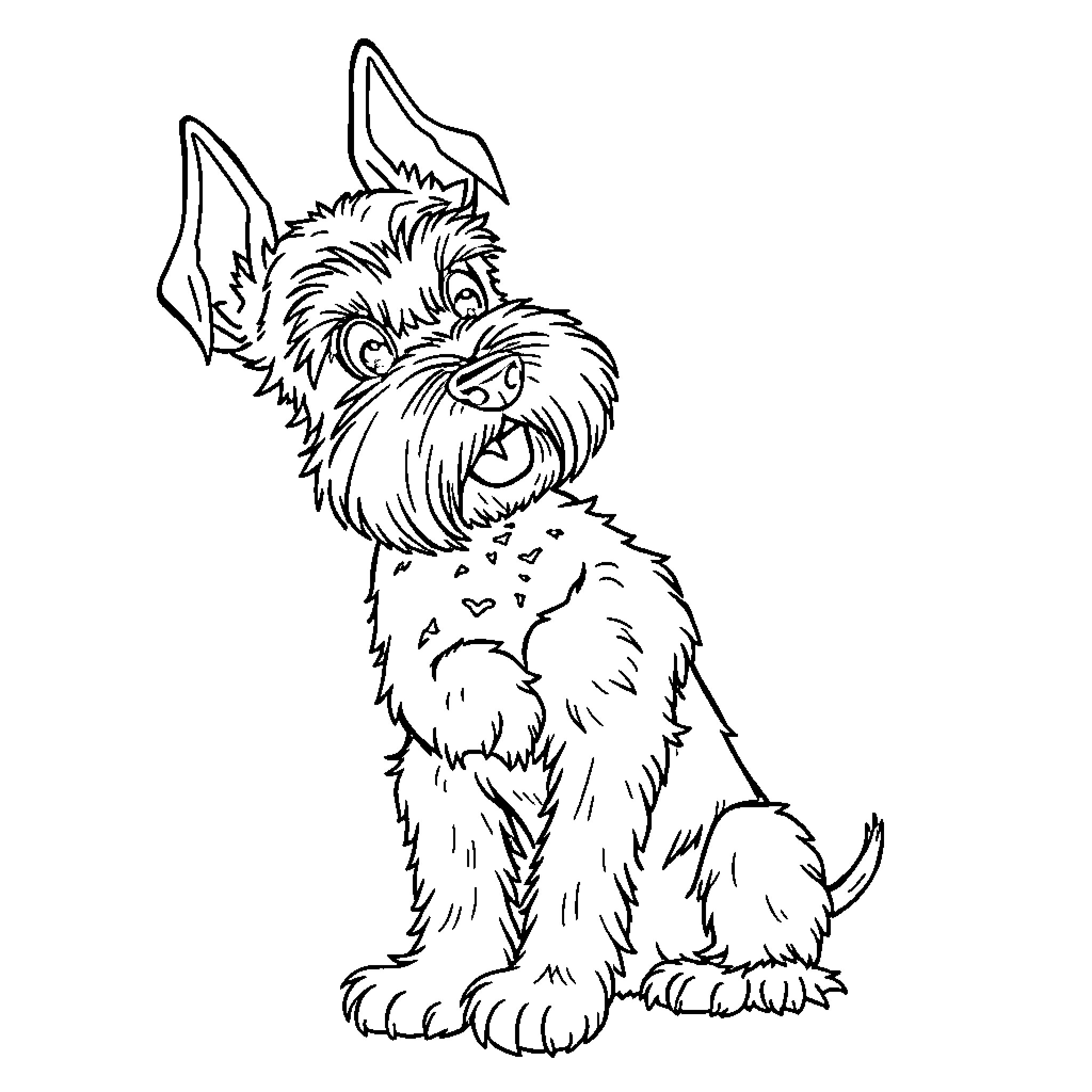 Schnauzer puppy sitting and looking curious Coloring Page (free black-and-white line drawing printable PDF for all, from beginners to advanced learners, including children, teens, adults, and seniors)