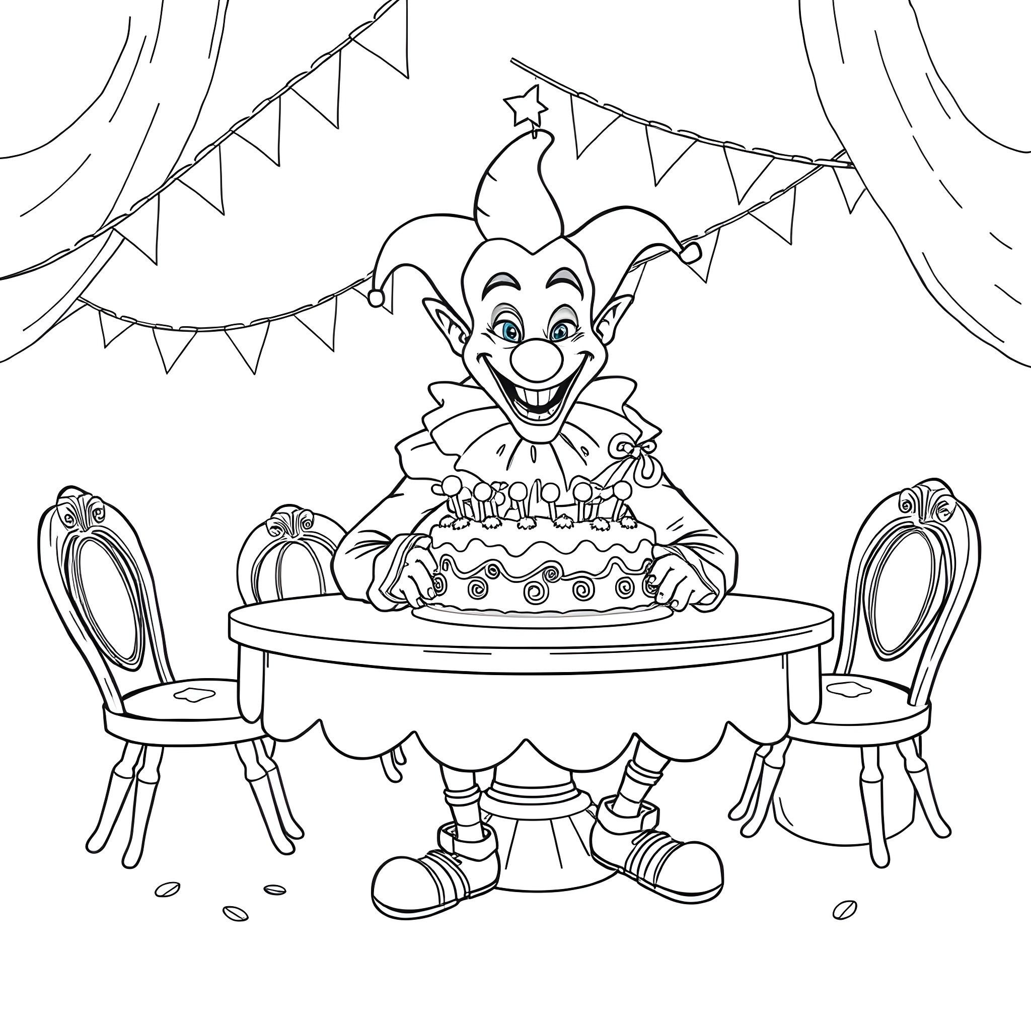 Clown celebrating a festive birthday party Coloring Page (free black-and-white line drawing printable PDF for all, from beginners to advanced learners, including children, teens, adults, and seniors)