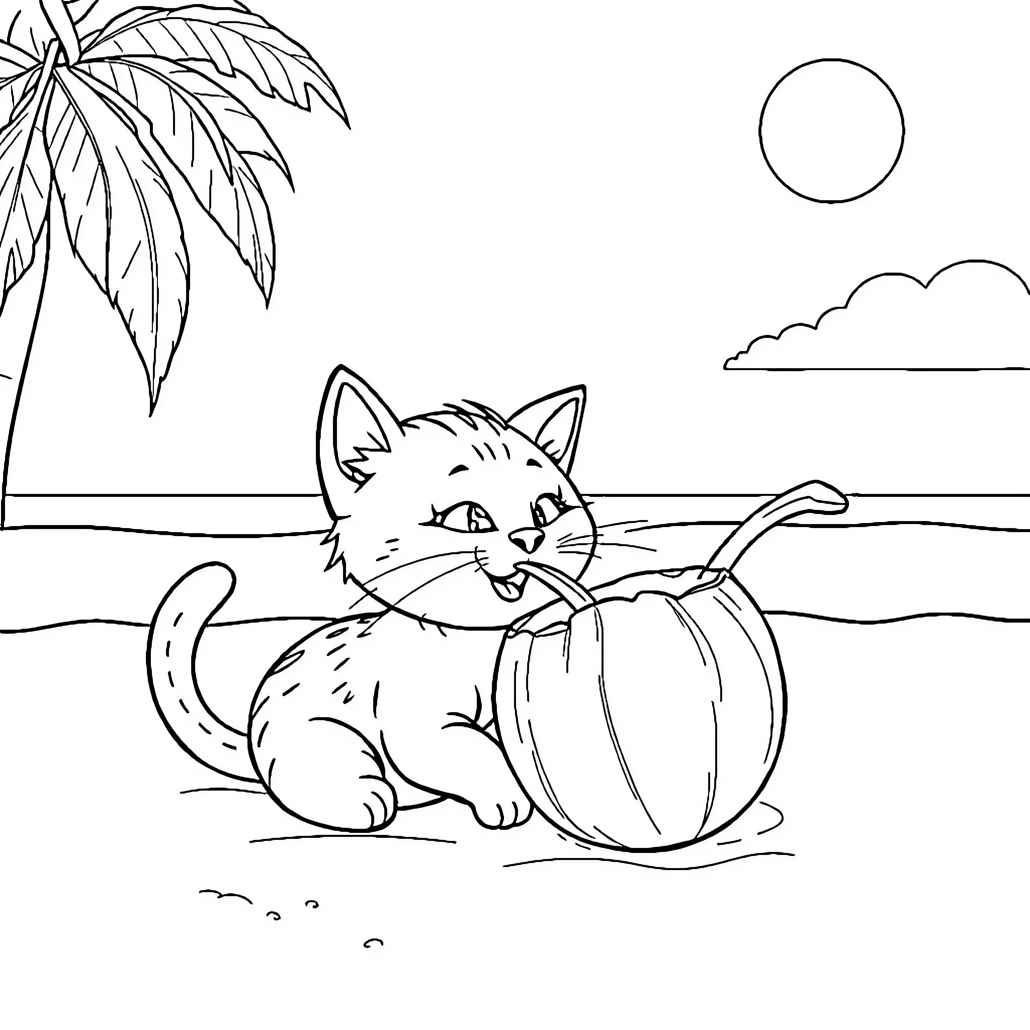 Cat playing with pumpkin on the beach Coloring Page (free black-and-white line drawing printable PDF for all, from beginners to advanced learners, including children, teens, adults, and seniors)