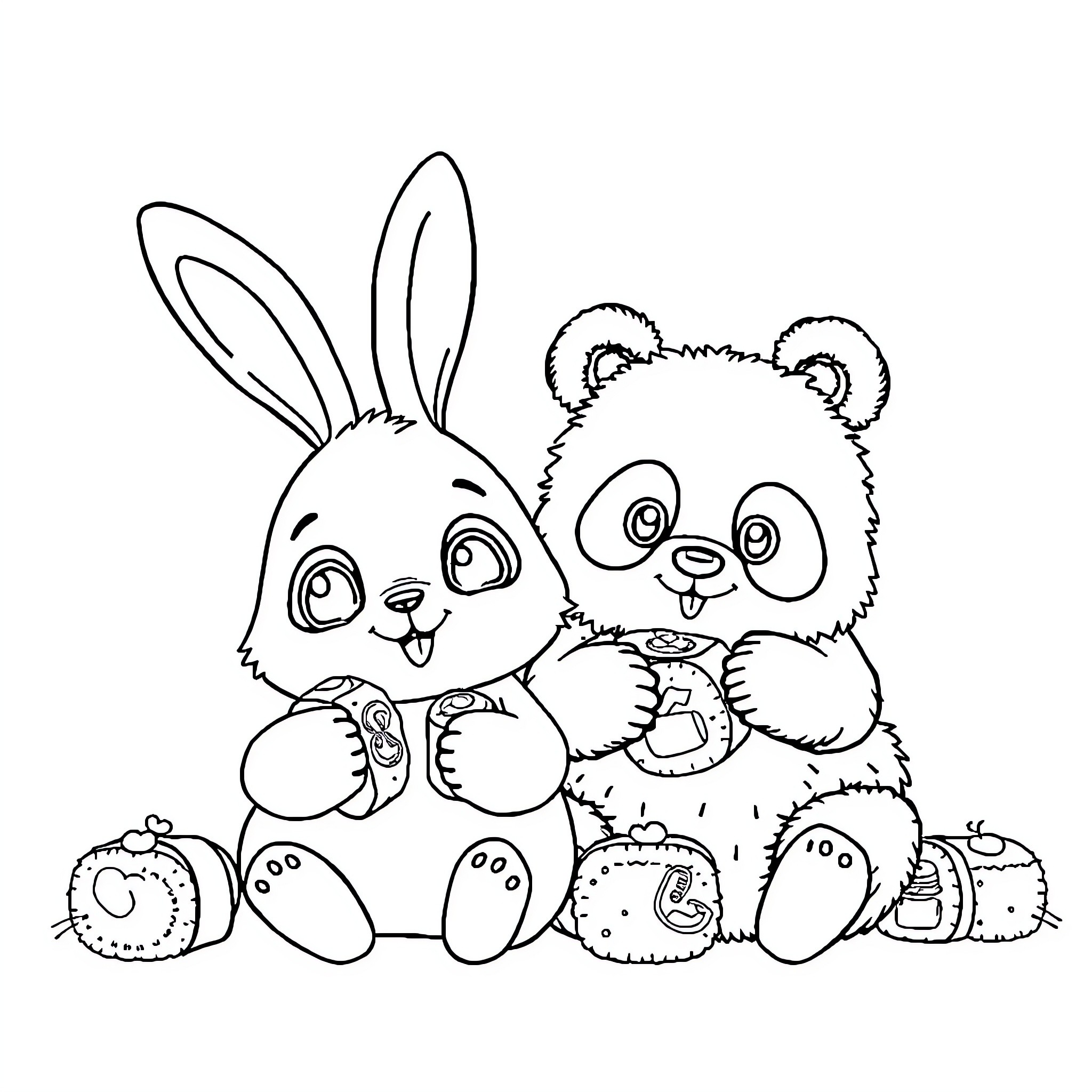 Rabbit and Panda Playing Together Coloring Page (free black-and-white line drawing printable PDF for all, from beginners to advanced learners, including children, teens, adults, and seniors)