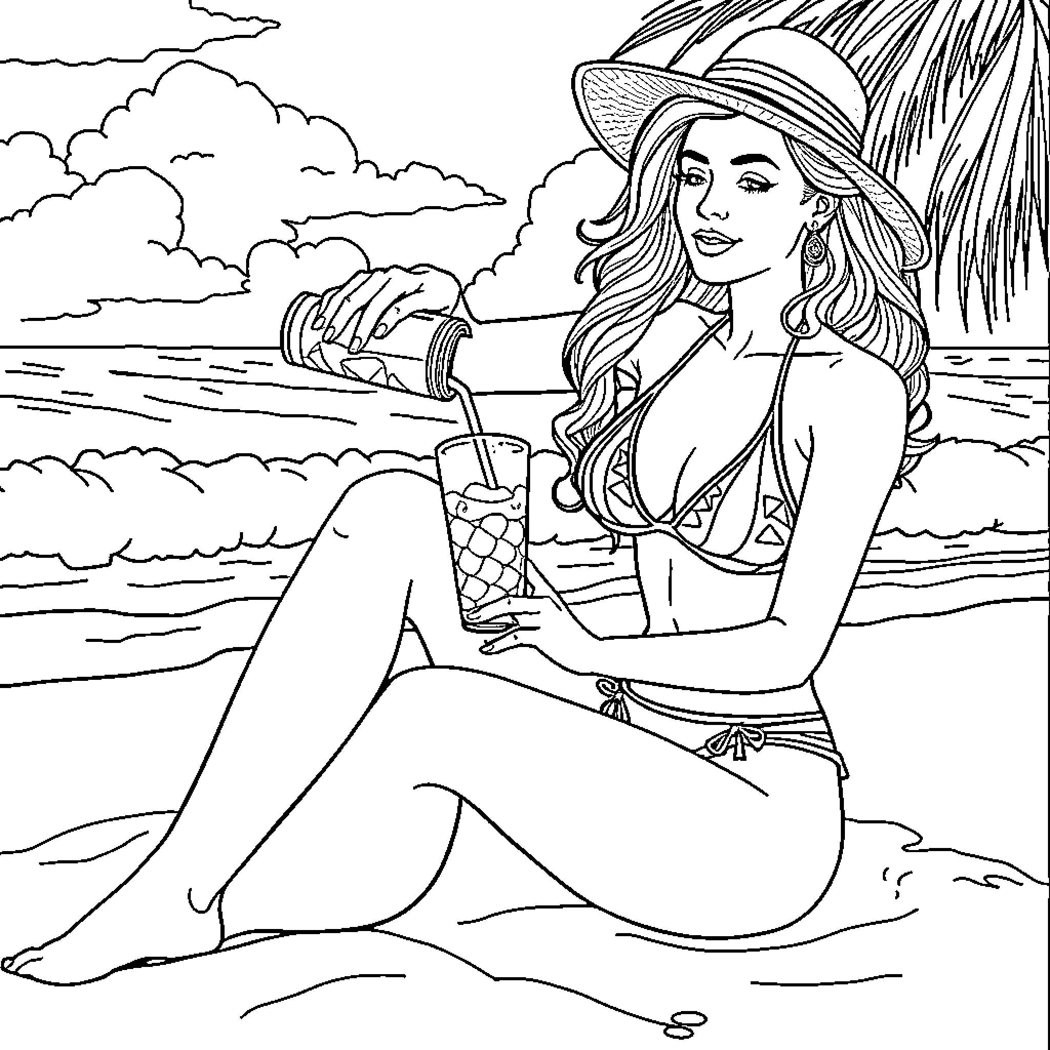 Woman relaxing on the beach with a drink Coloring Page (free black-and-white line drawing printable PDF for all, from beginners to advanced learners, including children, teens, adults, and seniors)