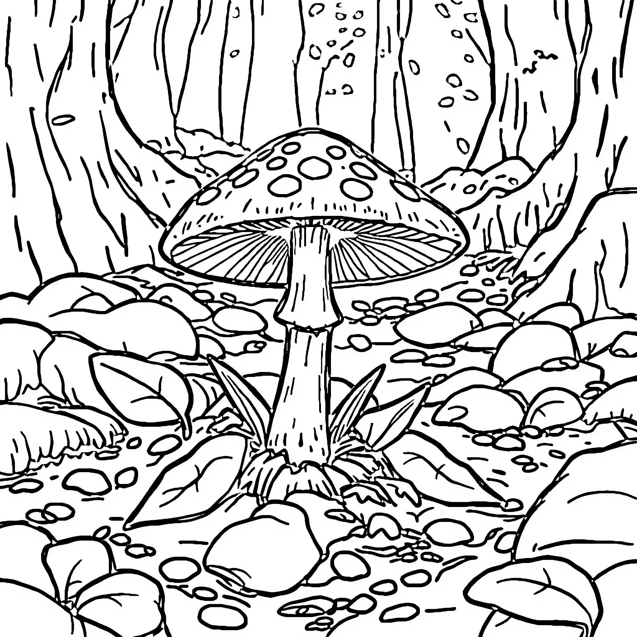 Mushroom in the Enchanted Forest Coloring Page (free black-and-white line drawing printable PDF for all, from beginners to advanced learners, including children, teens, adults, and seniors)
