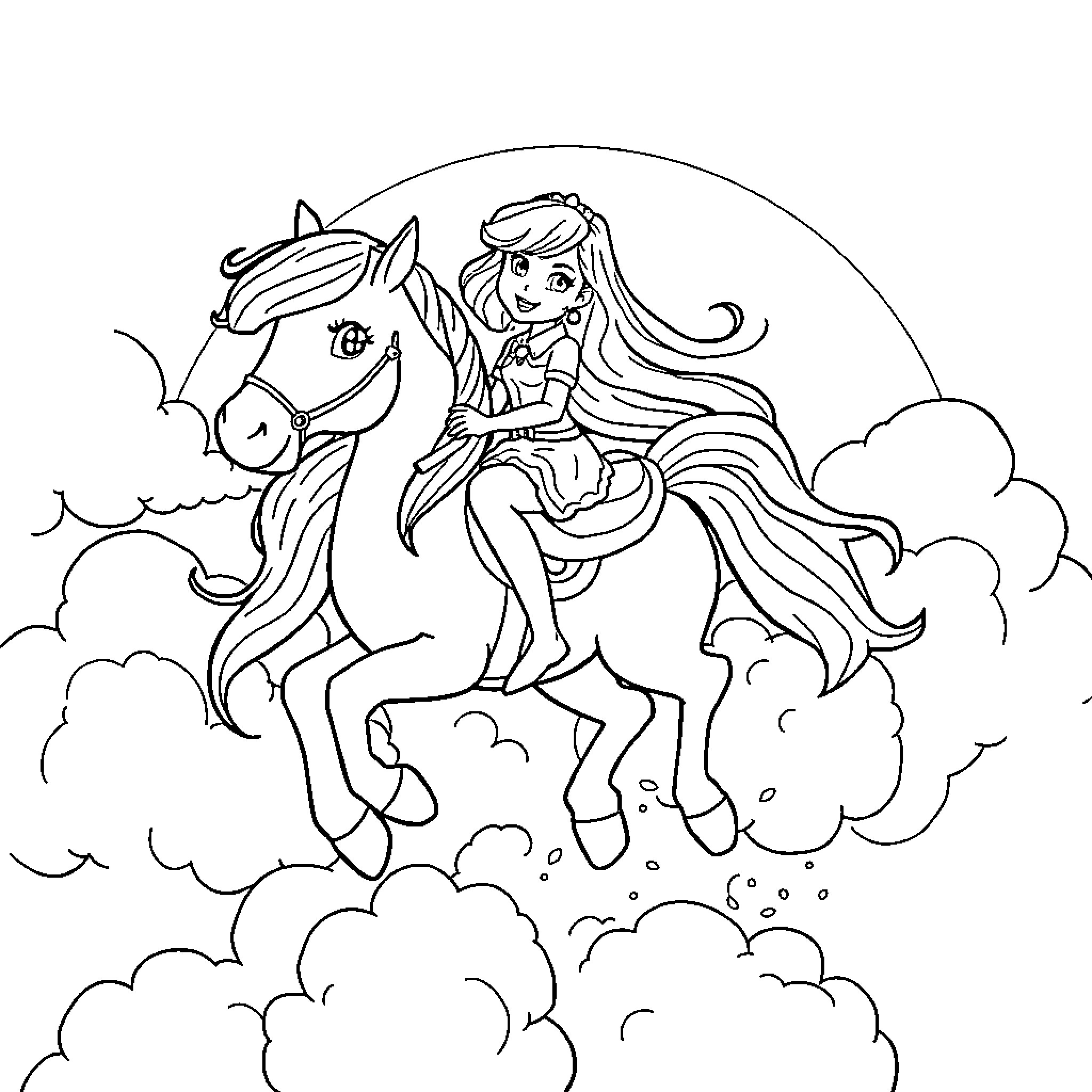 Rainbow Brite riding a magical horse in the clouds Coloring Page (free black-and-white line drawing printable PDF for all, from beginners to advanced learners, including children, teens, adults, and seniors)