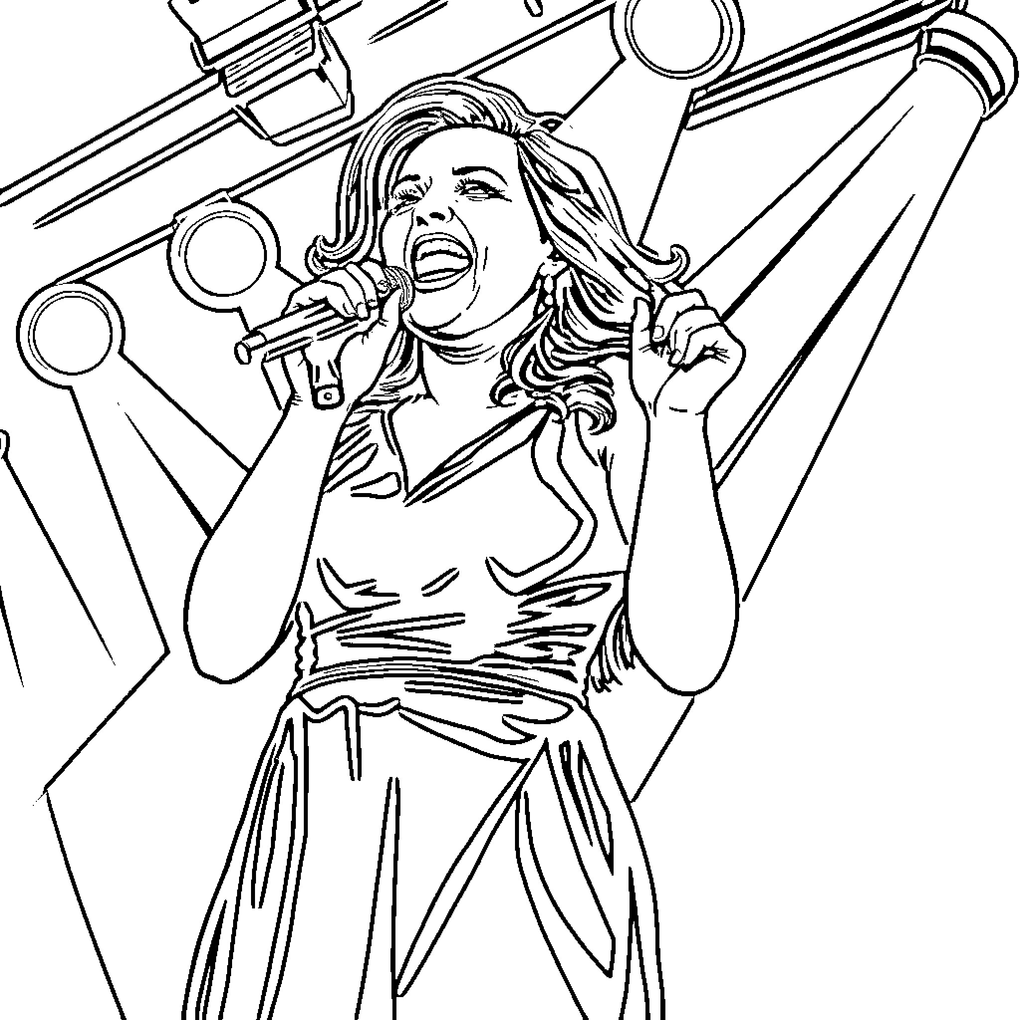 Jenny Rivera singing passionately on stage Coloring Page (free black-and-white line drawing printable PDF for all, from beginners to advanced learners, including children, teens, adults, and seniors)