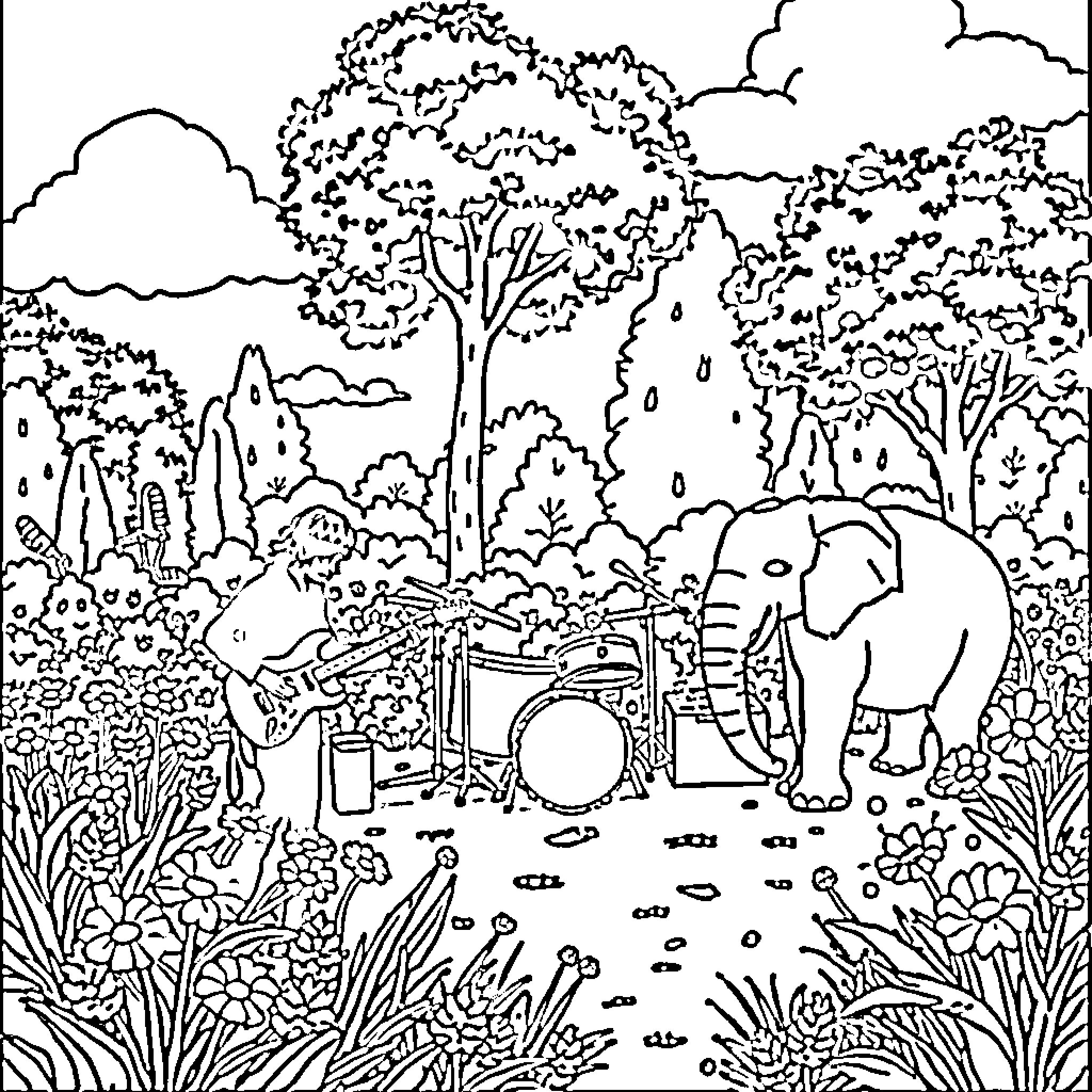 Elephant playing music with a band in the jungle Coloring Page (free black-and-white line drawing printable PDF for all, from beginners to advanced learners, including children, teens, adults, and seniors)