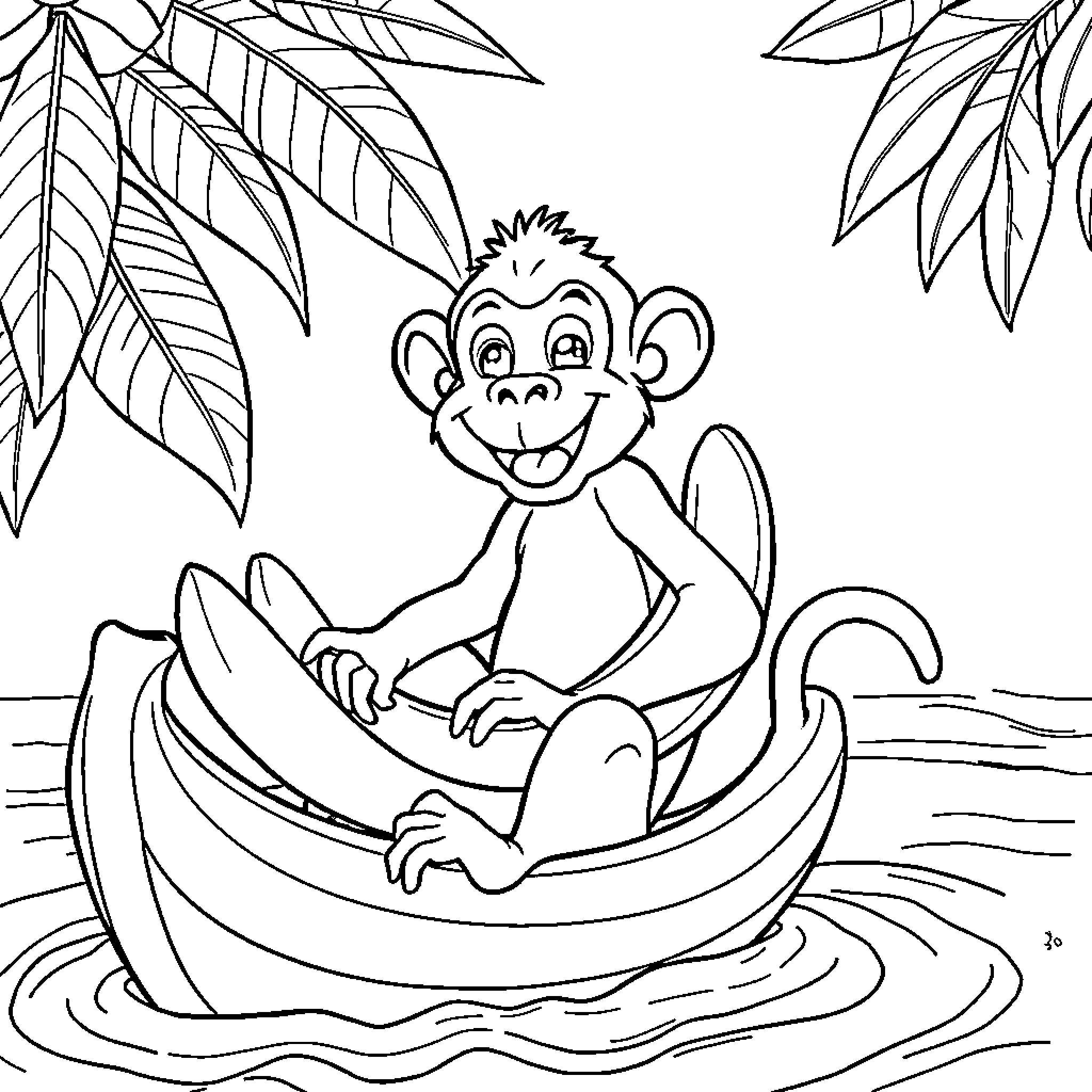 Monkey enjoying a boat ride in the jungle Coloring Page (free black-and-white line drawing printable PDF for all, from beginners to advanced learners, including children, teens, adults, and seniors)