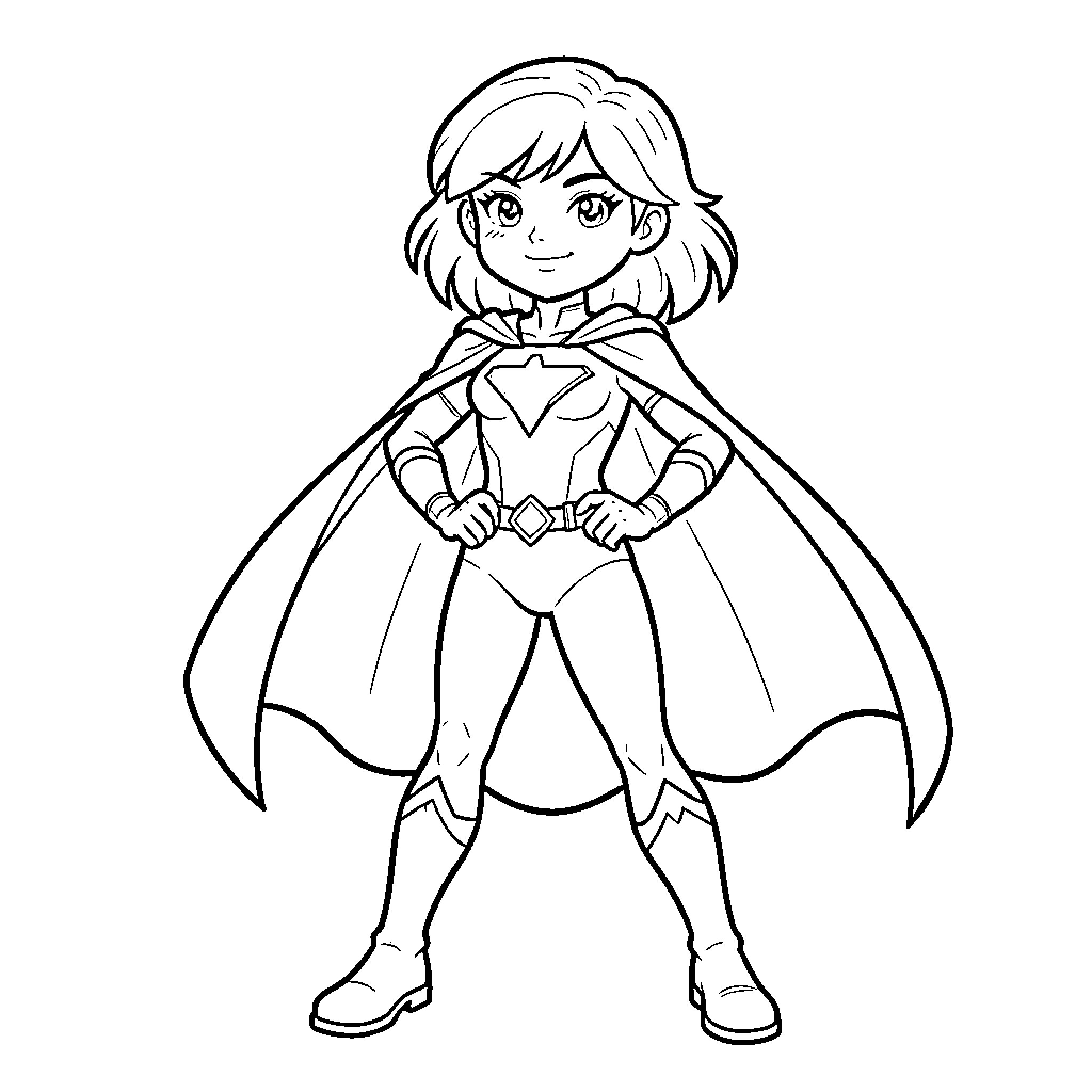 Girl Superhero in Heroic Stance Coloring Page (free black-and-white line drawing printable PDF for all, from beginners to advanced learners, including children, teens, adults, and seniors)